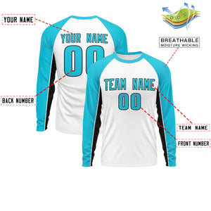 Custom White Sky Blue Crew Neck Raglan Long Sleeve Performance T-Shirt