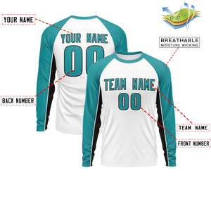 Custom White Aqua Crew Neck Raglan Long Sleeve Performance T-Shirt