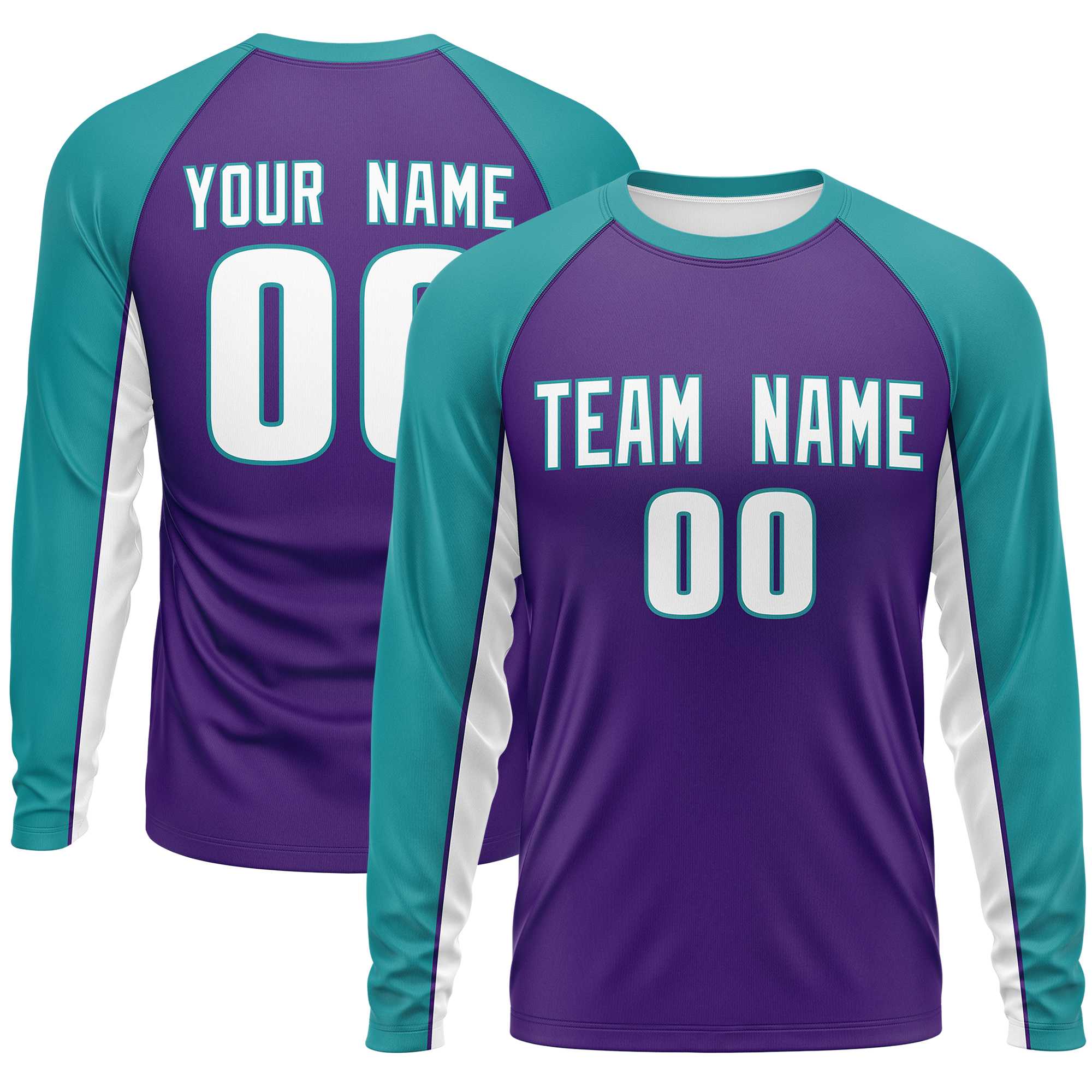 Custom Purple Aqua Crew Neck Raglan Long Sleeve Performance T-Shirt