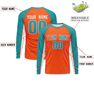 Custom Orange Aqua Crew Neck Raglan Long Sleeve Performance T-Shirt