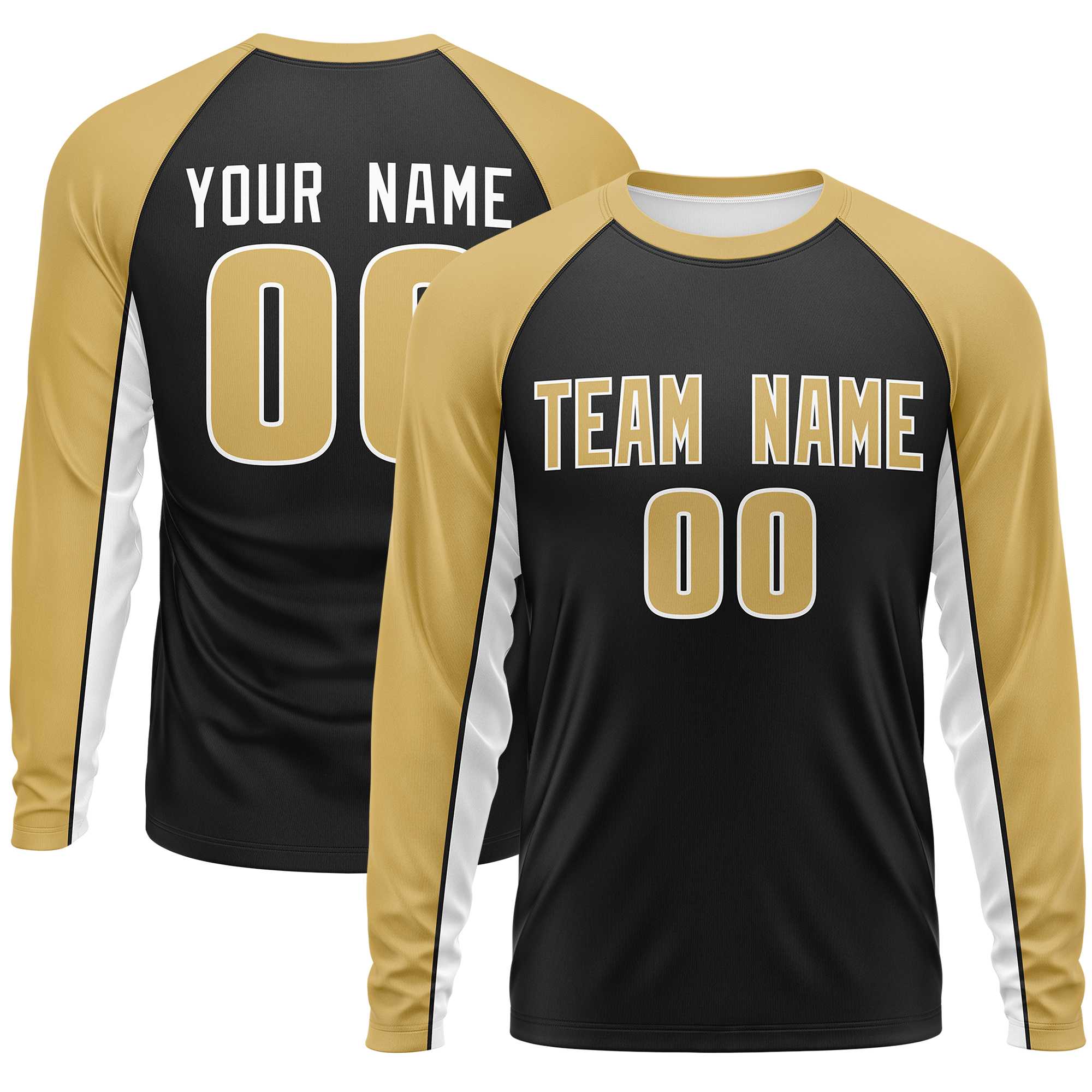 Custom Black Old Gold Crew Neck Raglan Long Sleeve Performance T-Shirt