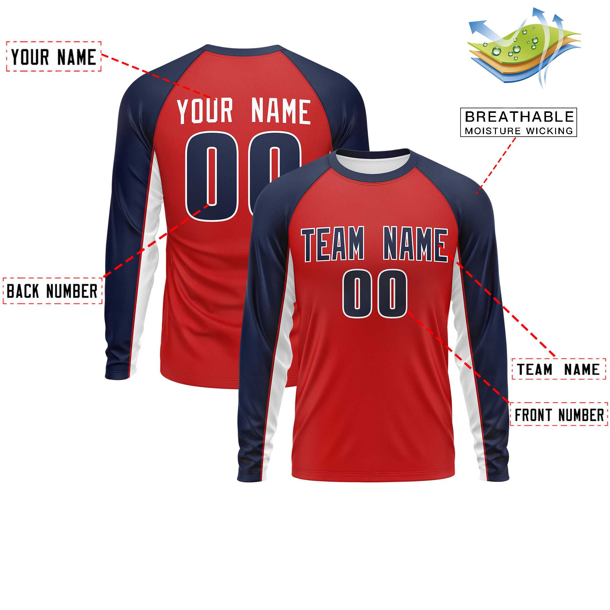 Custom Red Navy Crew Neck Raglan Long Sleeve Performance T-Shirt