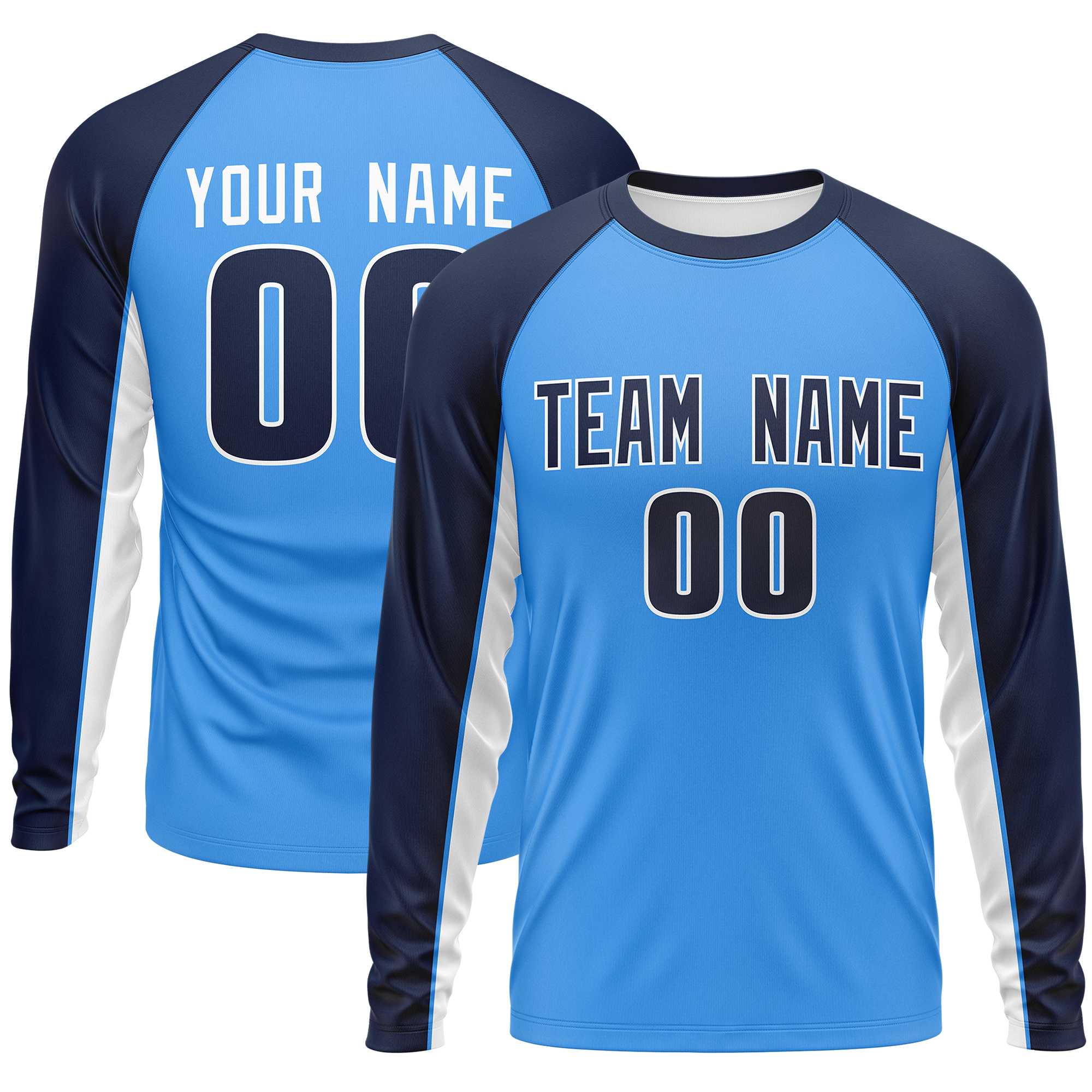 Custom Powder Blue Navy Crew Neck Raglan Long Sleeve Performance T-Shirt