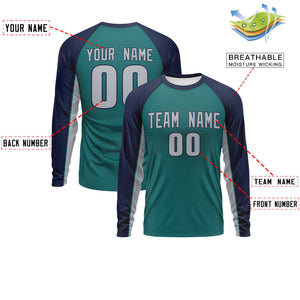 Custom Aqua Navy Crew Neck Raglan Long Sleeve Performance T-Shirt