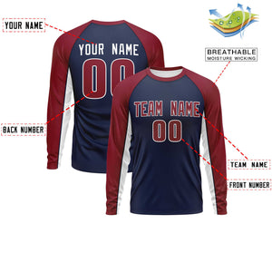 Custom Navy Crimson Crew Neck Raglan Long Sleeve Performance T-Shirt