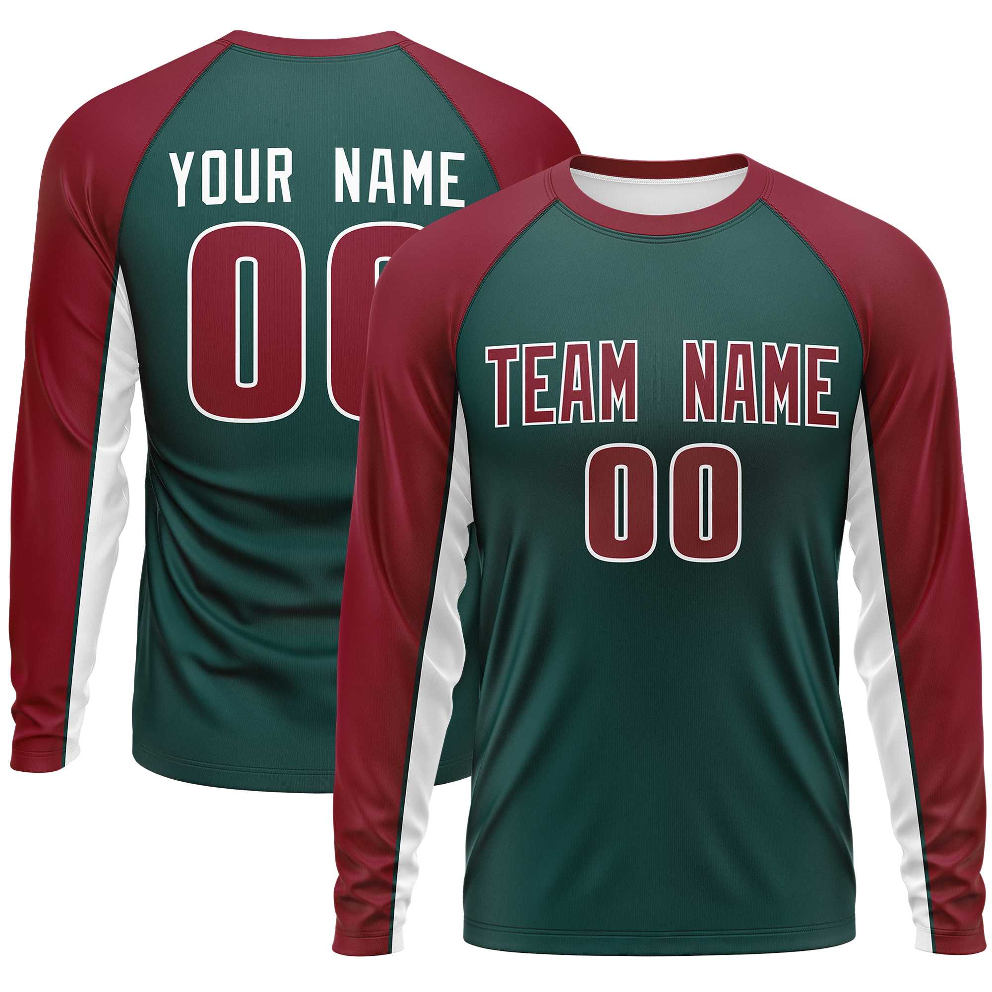 Custom Midnight Green Crimson Crew Neck Raglan Long Sleeve Performance T-Shirt