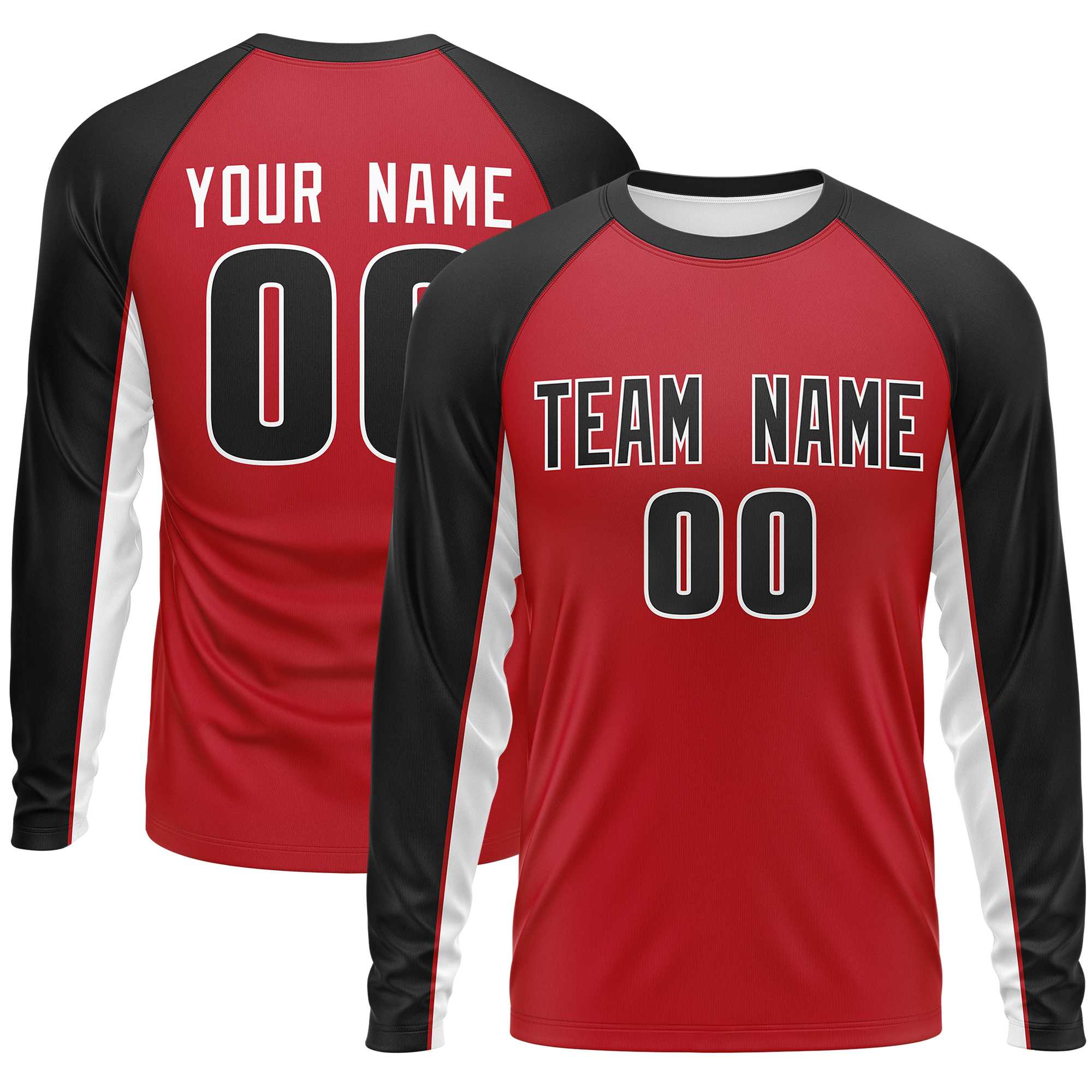 Custom Red Black Crew Neck Raglan Long Sleeve Performance T-Shirt