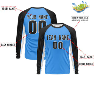 Custom Powder Blue Black Crew Neck Raglan Long Sleeve Performance T-Shirt