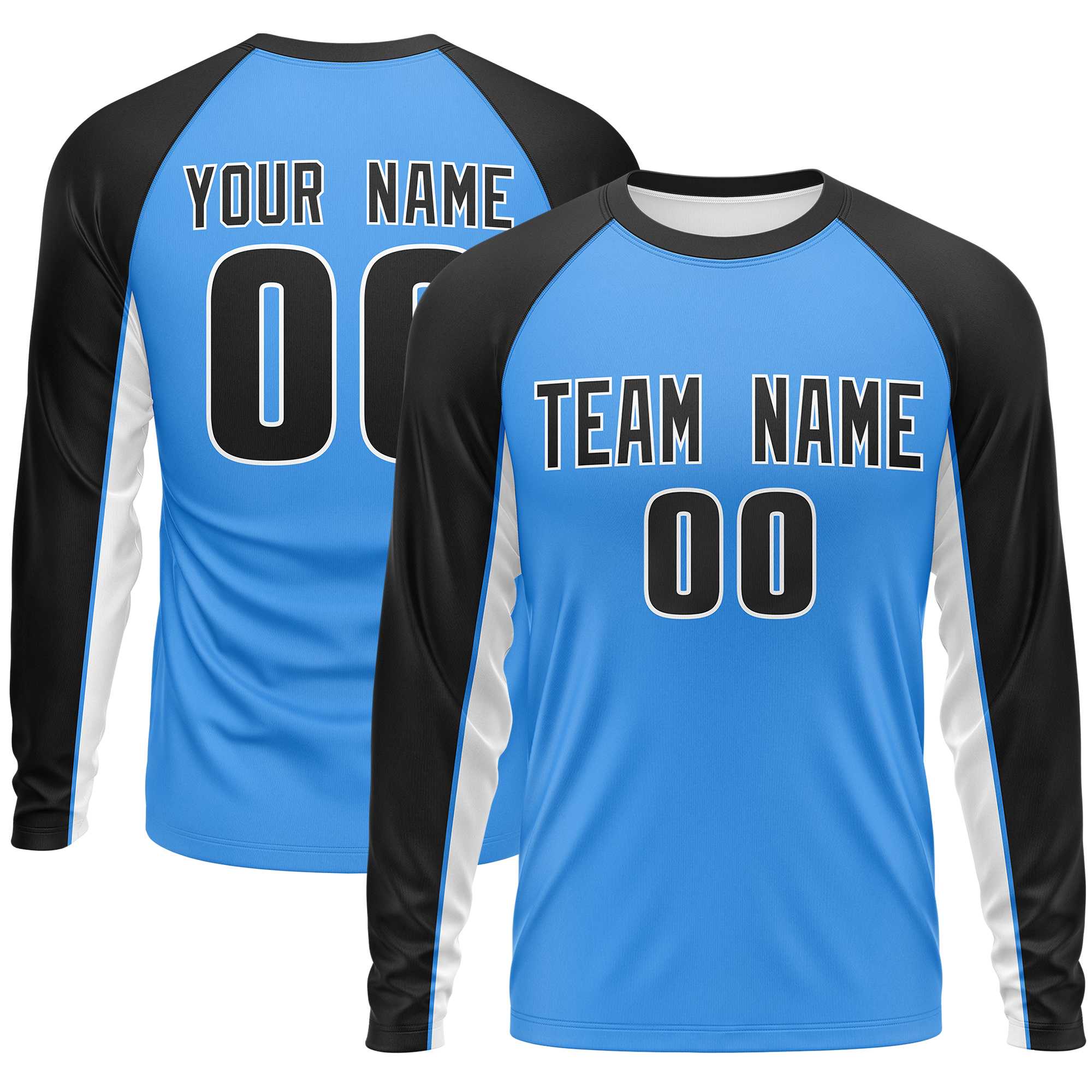 Custom Powder Blue Black Crew Neck Raglan Long Sleeve Performance T-Shirt