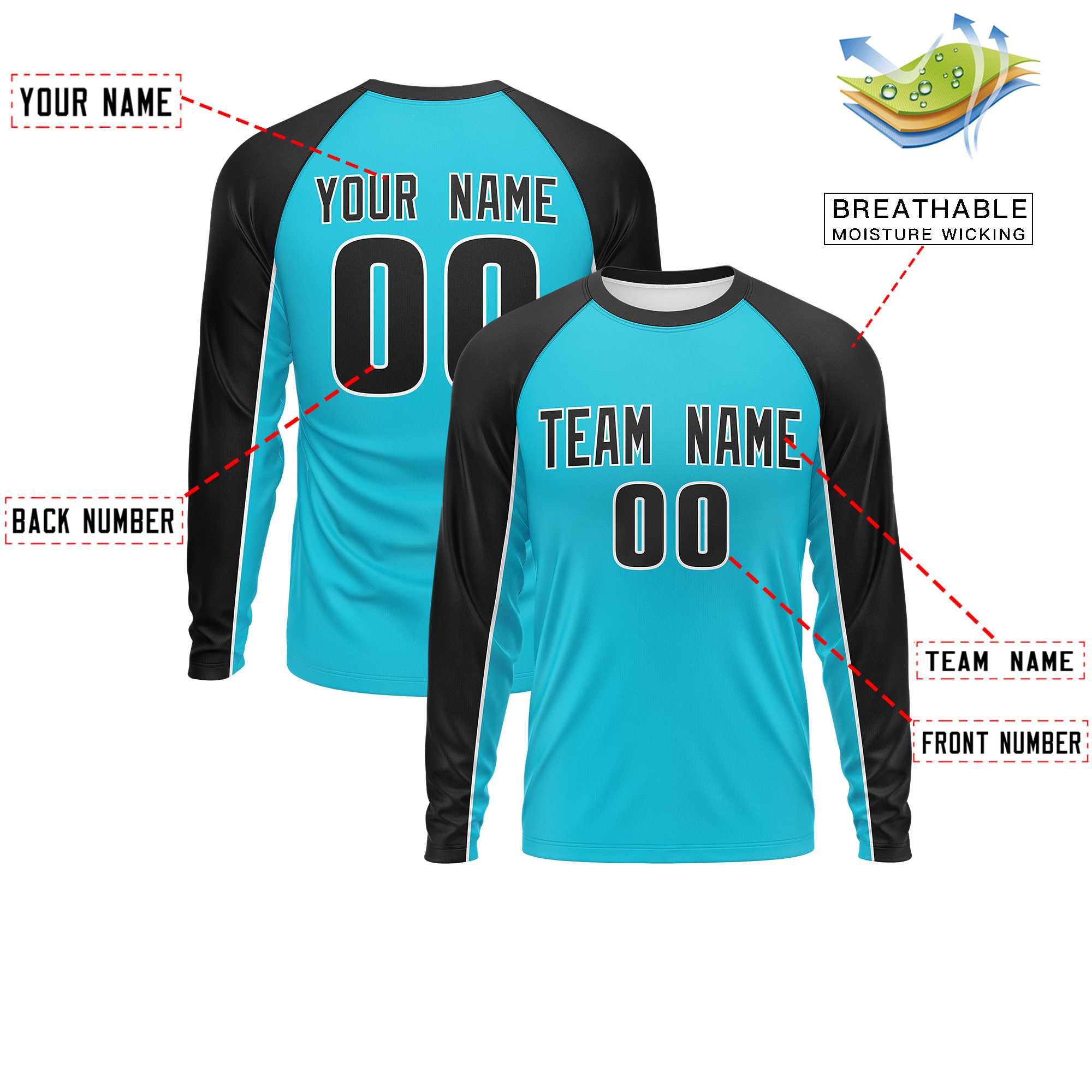 Custom Sky Blue Black Crew Neck Raglan Long Sleeve Performance T-Shirt