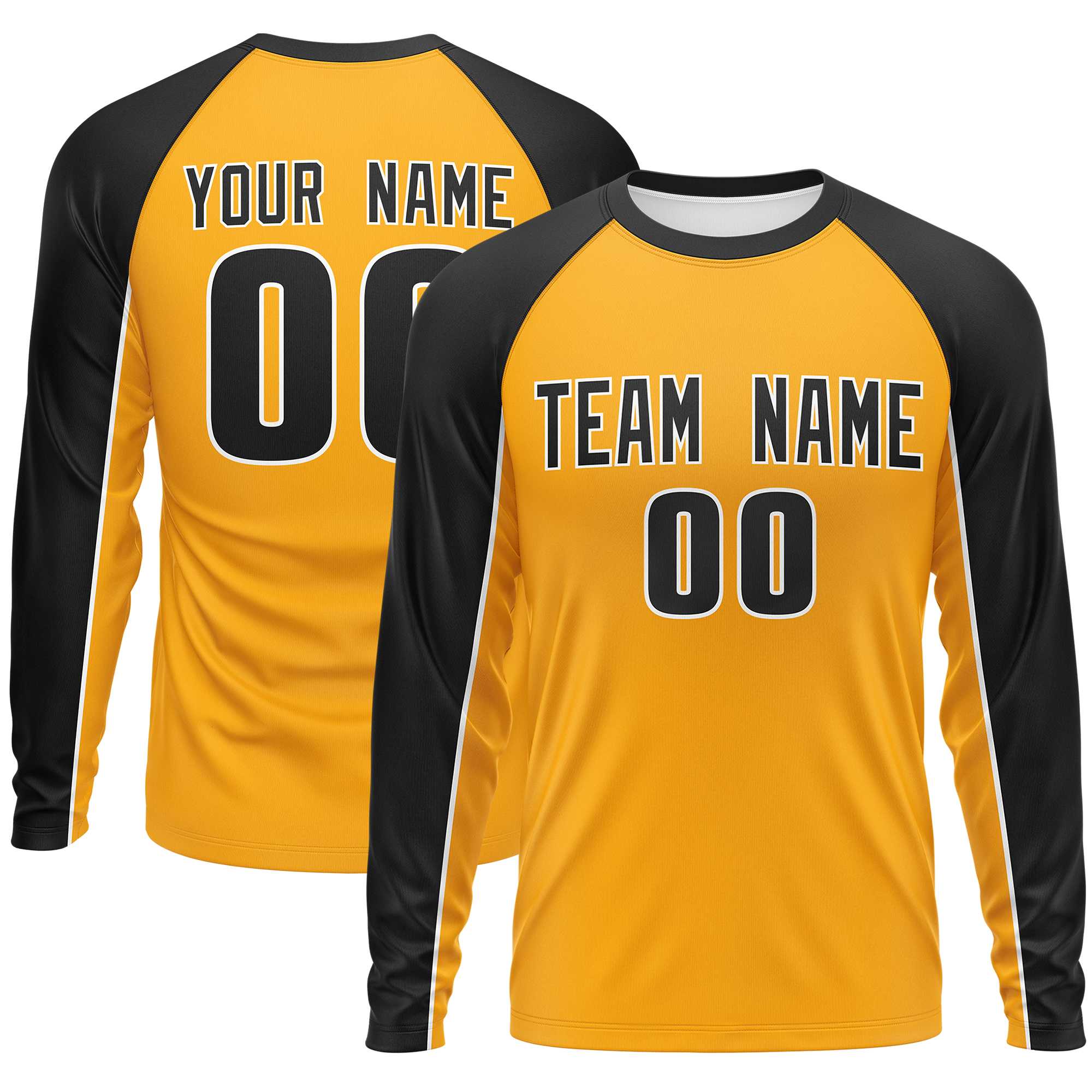 Custom Yellow Black Crew Neck Raglan Long Sleeve Performance T-Shirt