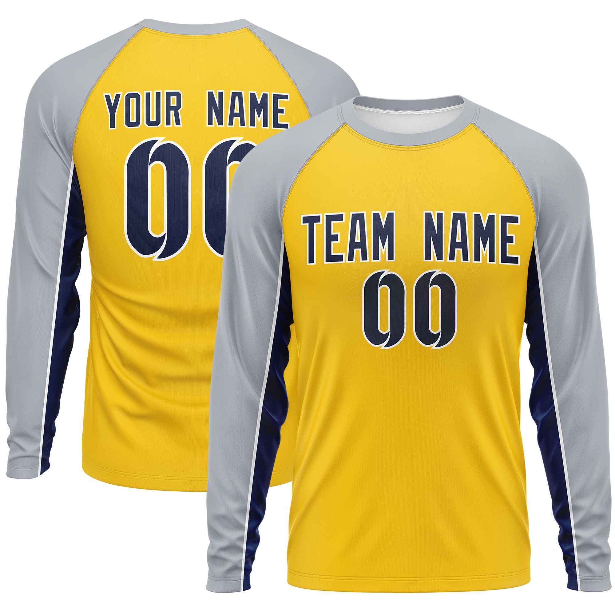 Custom Gold Gray Crew Neck Raglan Long Sleeve Performance T-Shirt