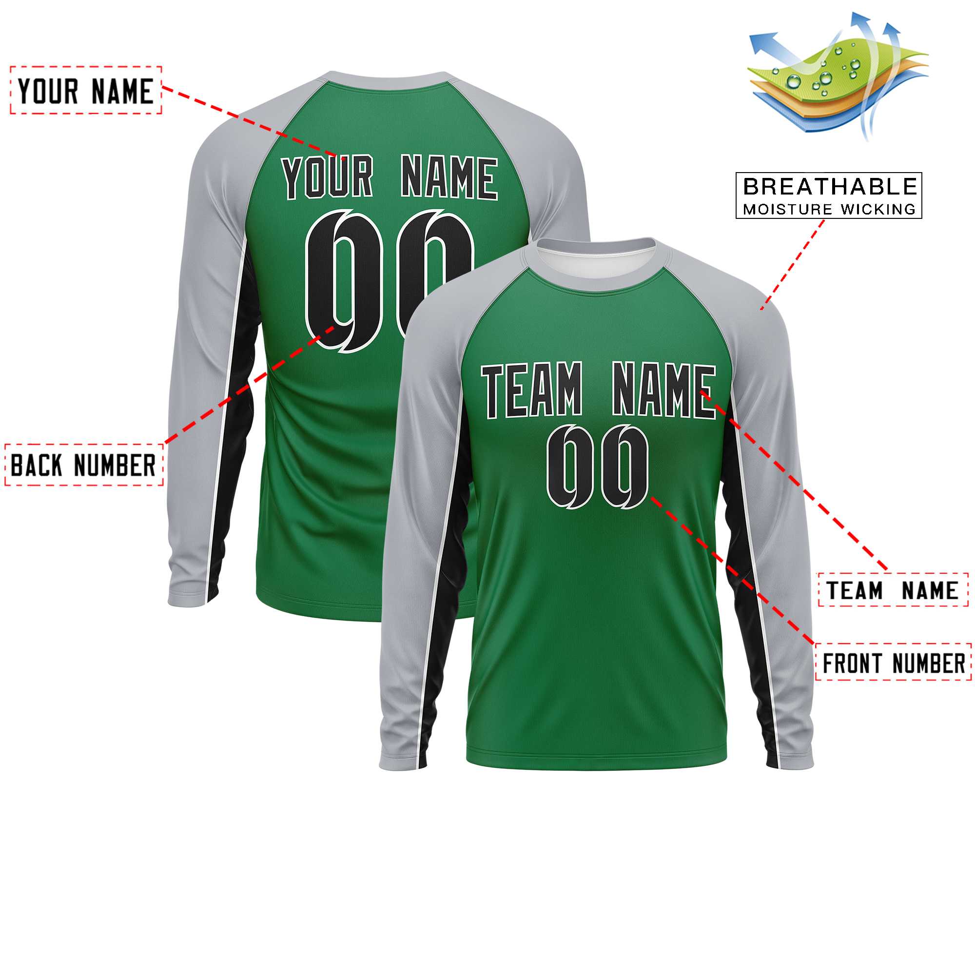 Custom Kelly Green Gray Crew Neck Raglan Long Sleeve Performance T-Shirt