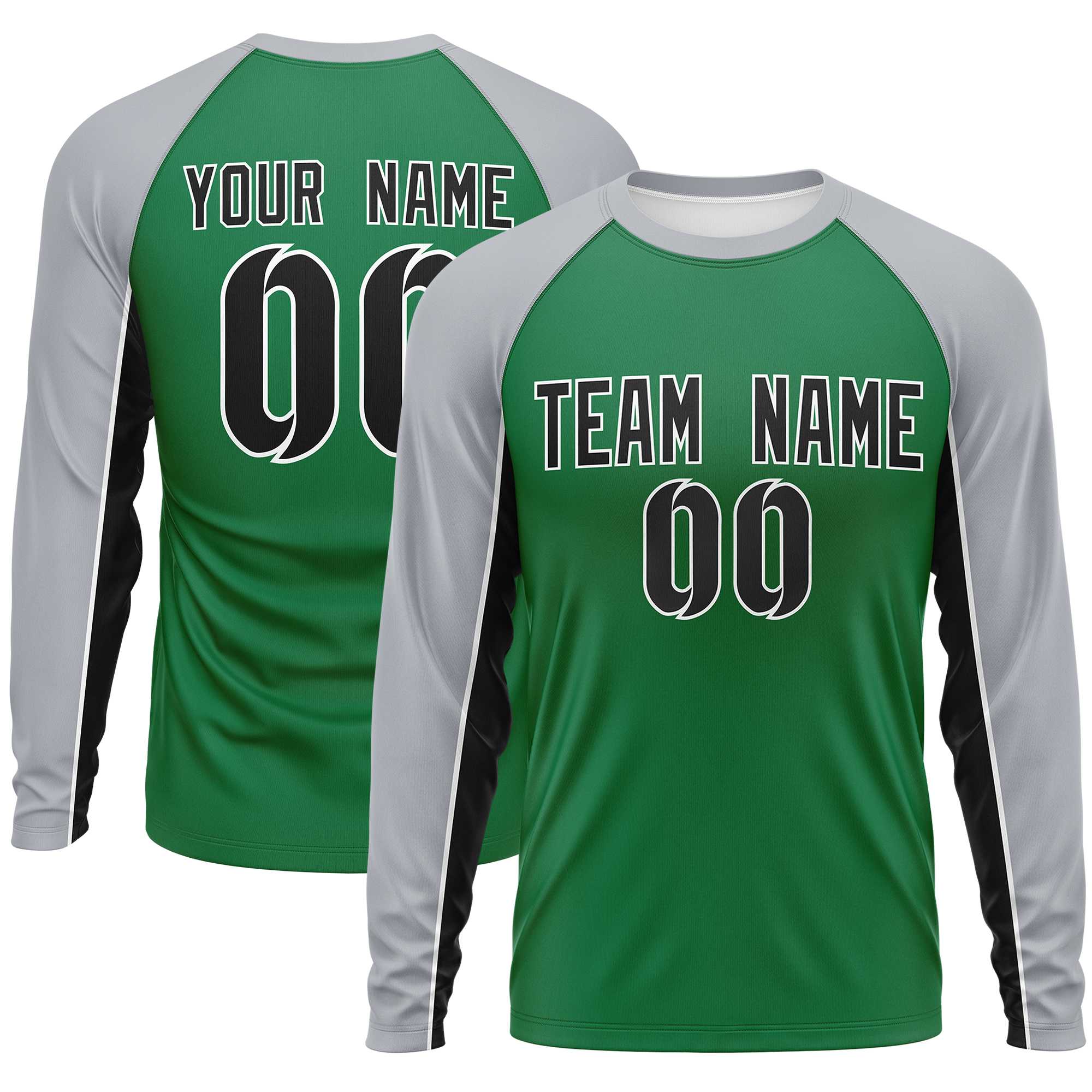 Custom Kelly Green Gray Crew Neck Raglan Long Sleeve Performance T-Shirt