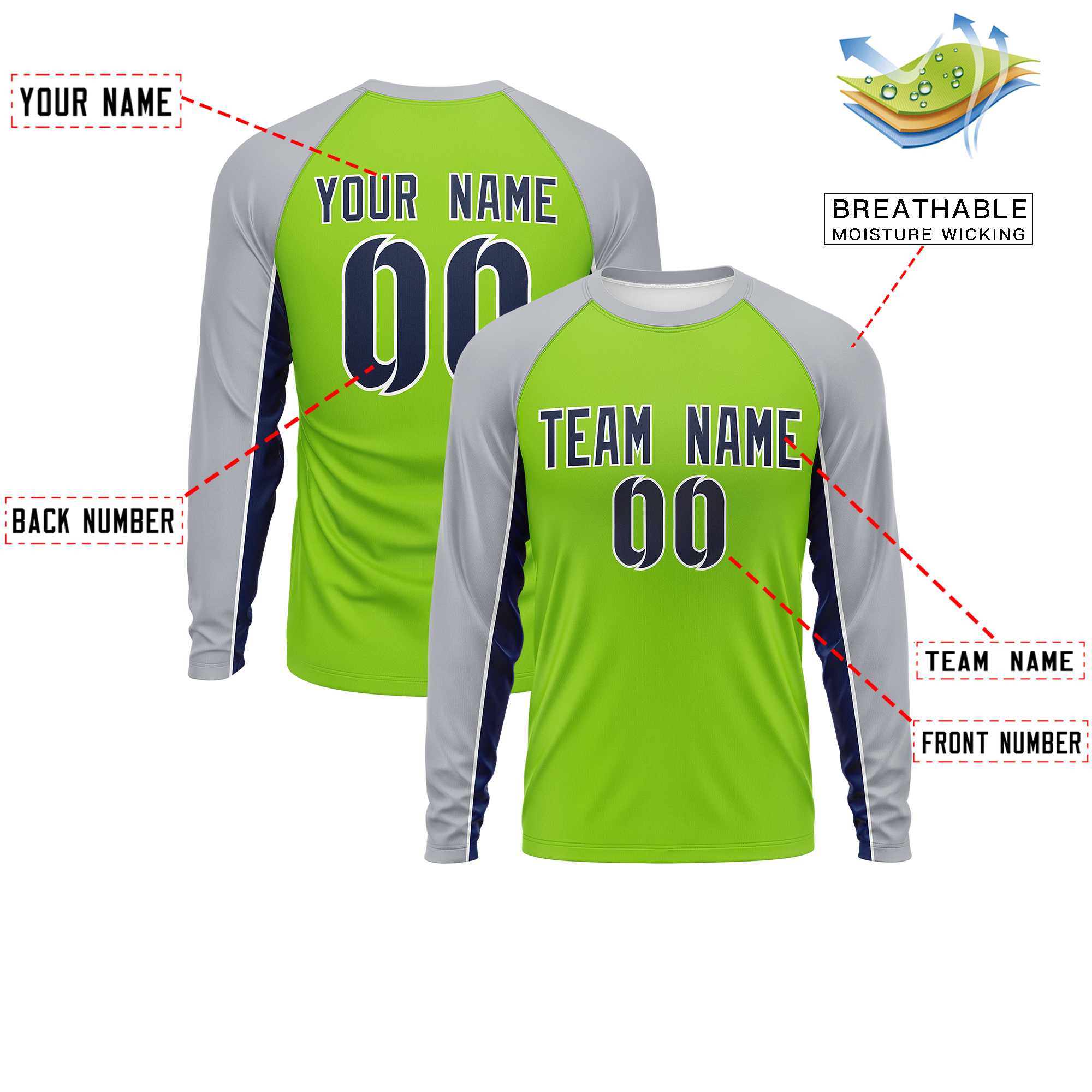 Custom Neon Green Gray Crew Neck Raglan Long Sleeve Performance T-Shirt