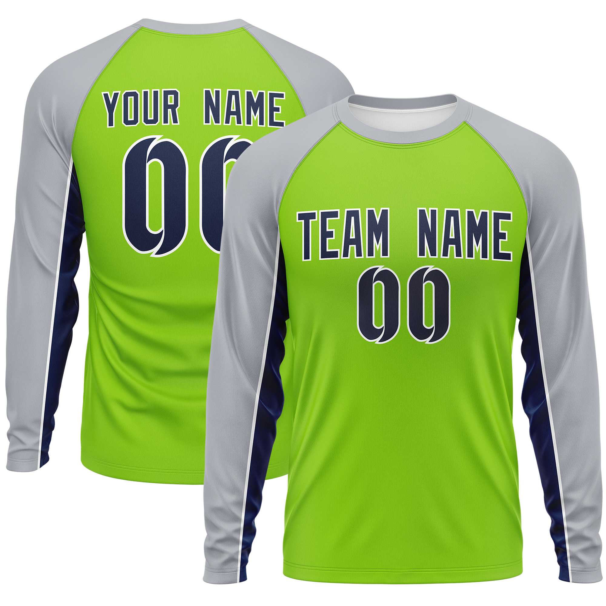 Custom Neon Green Gray Crew Neck Raglan Long Sleeve Performance T-Shirt