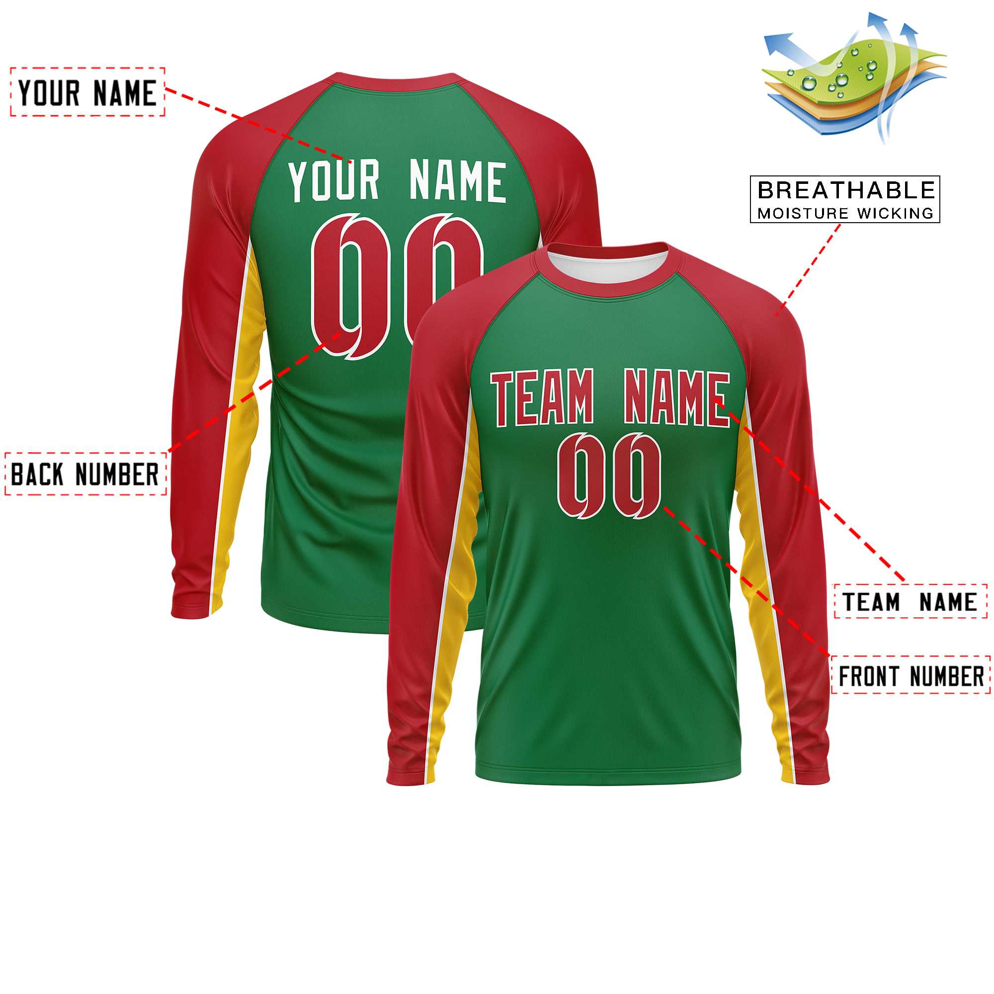 Custom Kelly Green Red Crew Neck Raglan Long Sleeve Performance T-Shirt