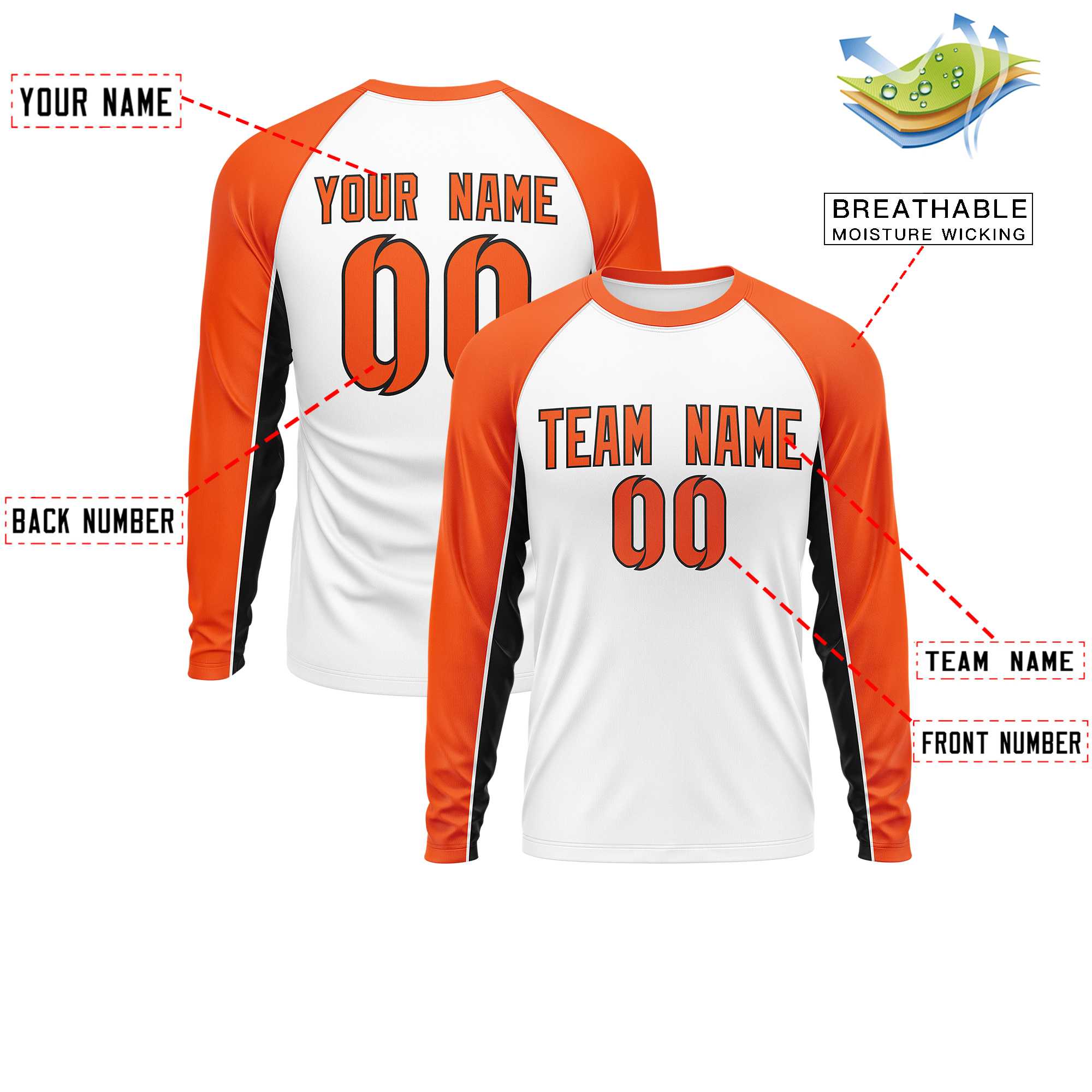 Custom White Orange Crew Neck Raglan Long Sleeve Performance T-Shirt