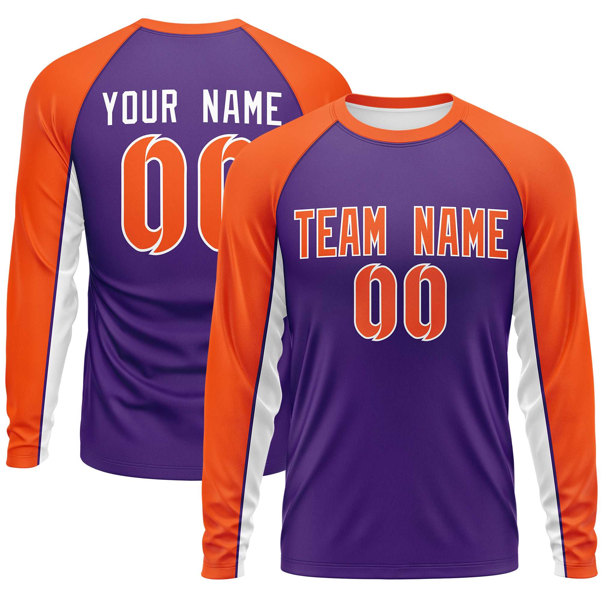 Custom Purple Orange Crew Neck Raglan Long Sleeve Performance T-Shirt