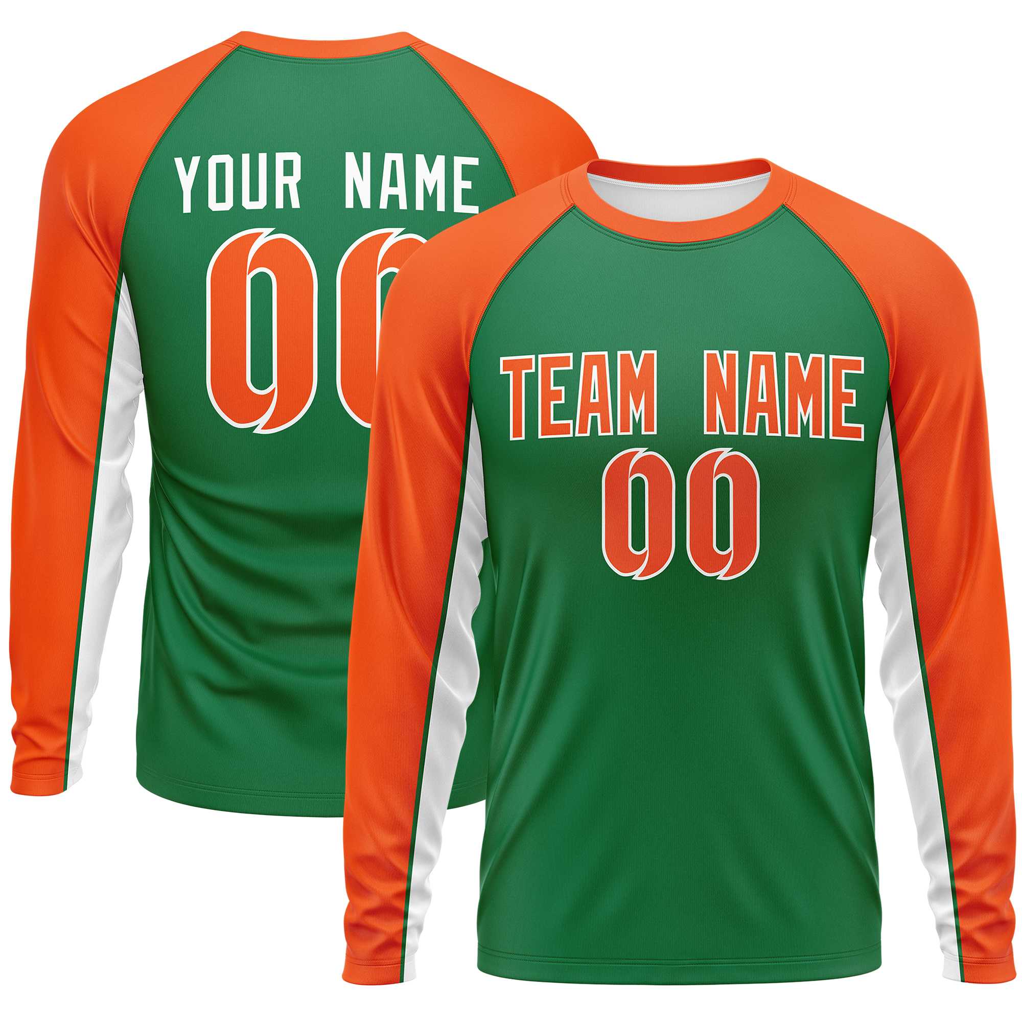 Custom Kelly Green Orange Crew Neck Raglan Long Sleeve Performance T-Shirt