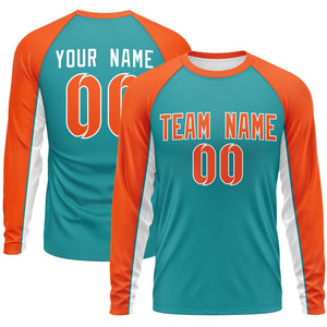 Custom Aqua Orange Crew Neck Raglan Long Sleeve Performance T-Shirt