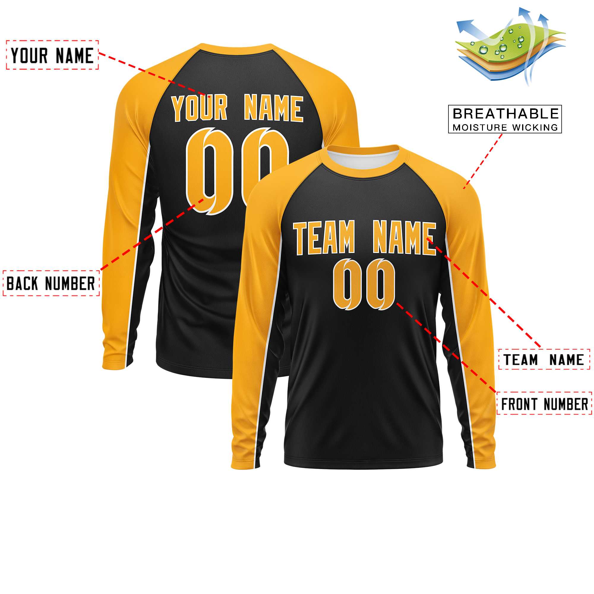 Custom Black Yellow Crew Neck Raglan Long Sleeve Performance T-Shirt