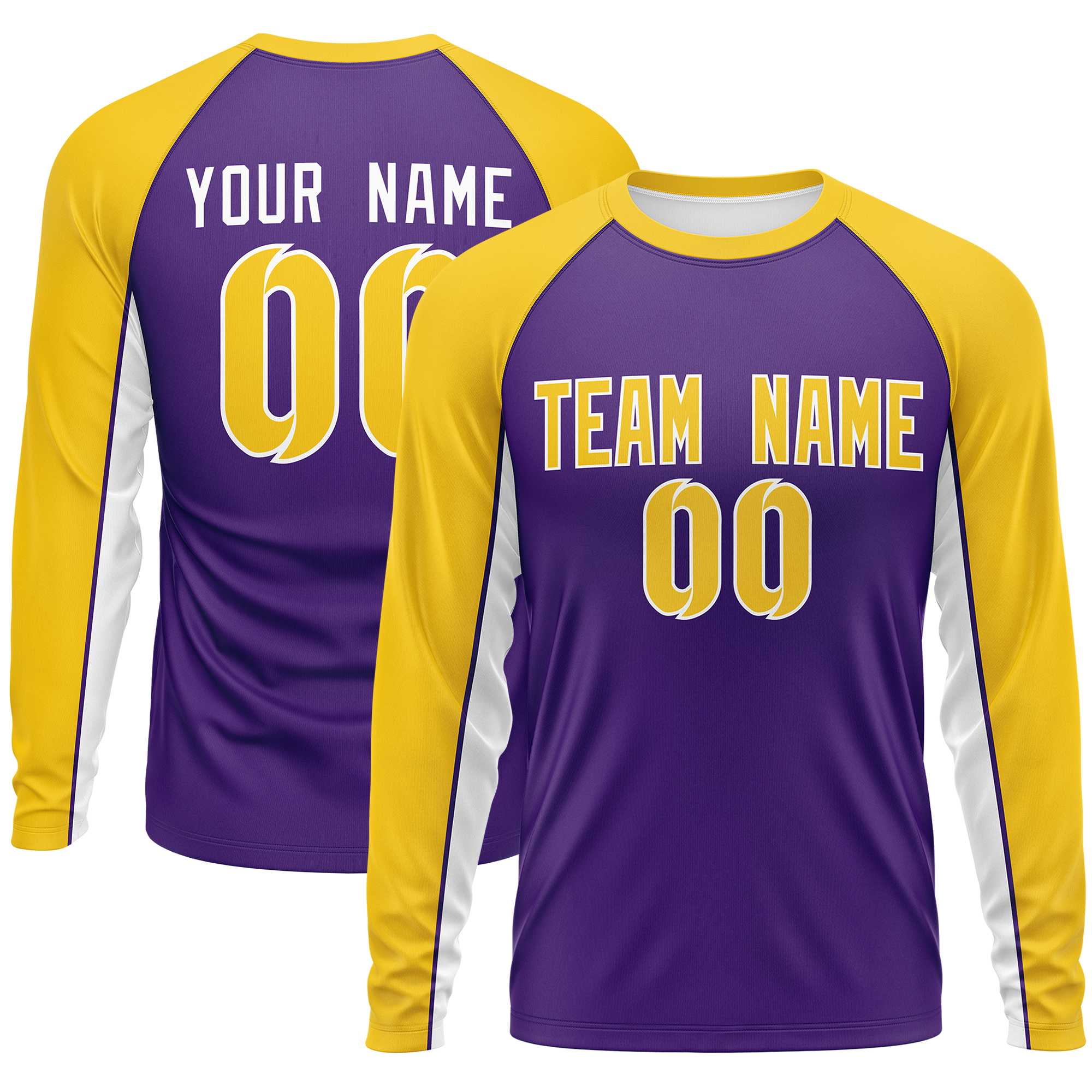 Custom Purple Gold Crew Neck Raglan Long Sleeve Performance T-Shirt