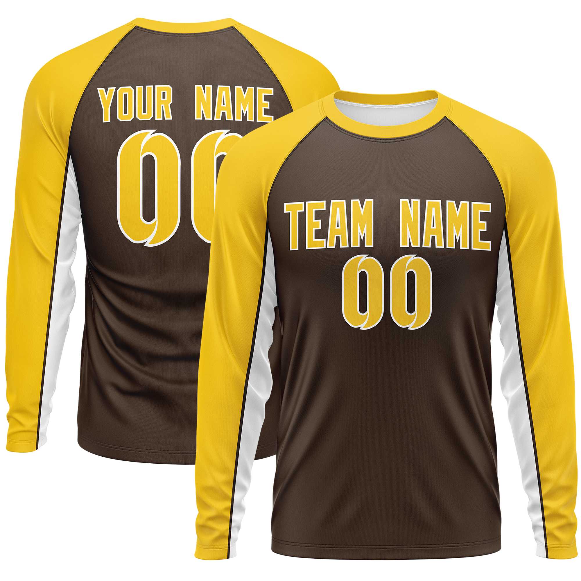 Custom Brown Gold Crew Neck Raglan Long Sleeve Performance T-Shirt