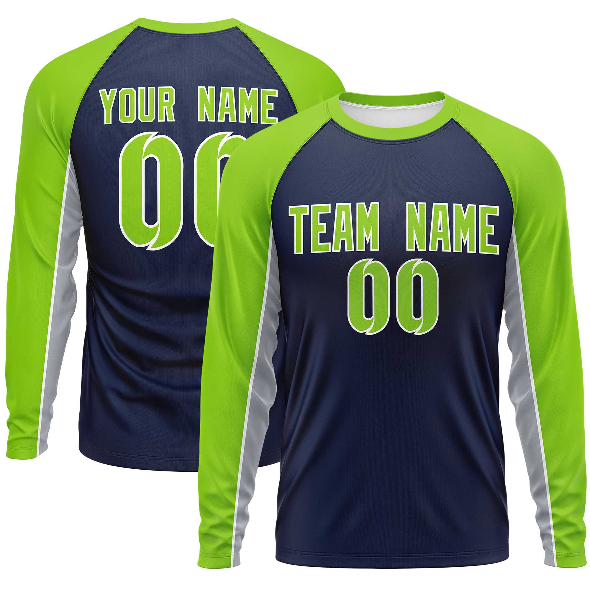 Custom Navy Neon Green Crew Neck Raglan Long Sleeve Performance T-Shirt