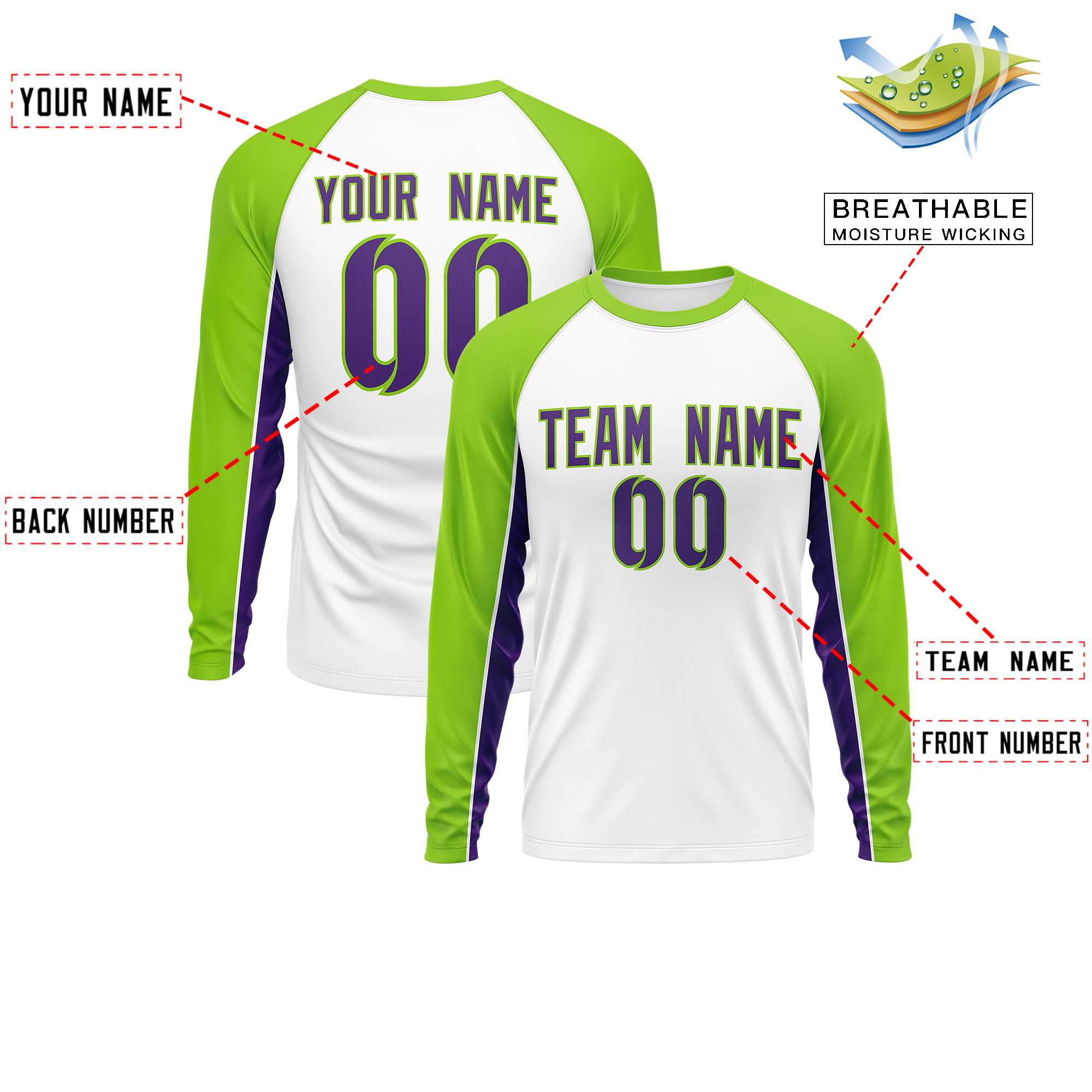 Custom White Neon Green Crew Neck Raglan Long Sleeve Performance T-Shirt