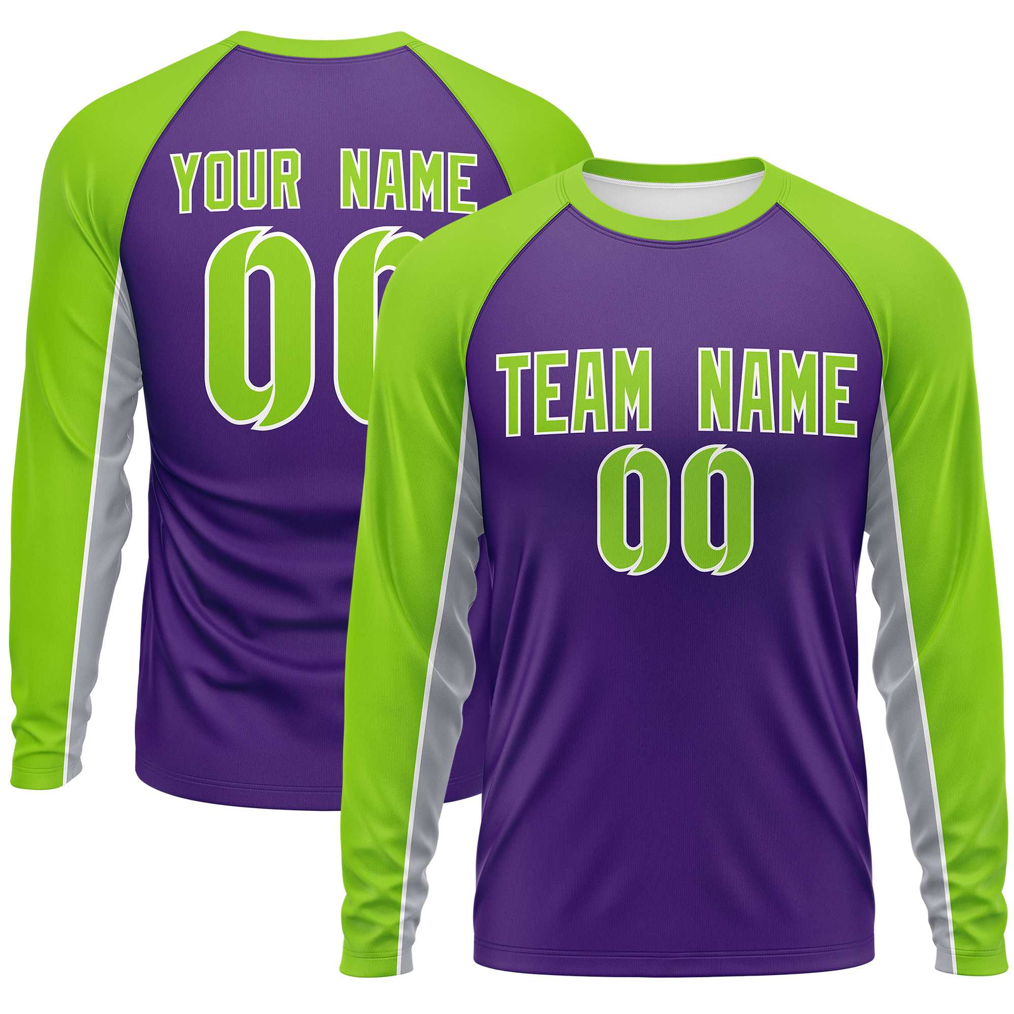 Custom Purple Neon Green Crew Neck Raglan Long Sleeve Performance T-Shirt