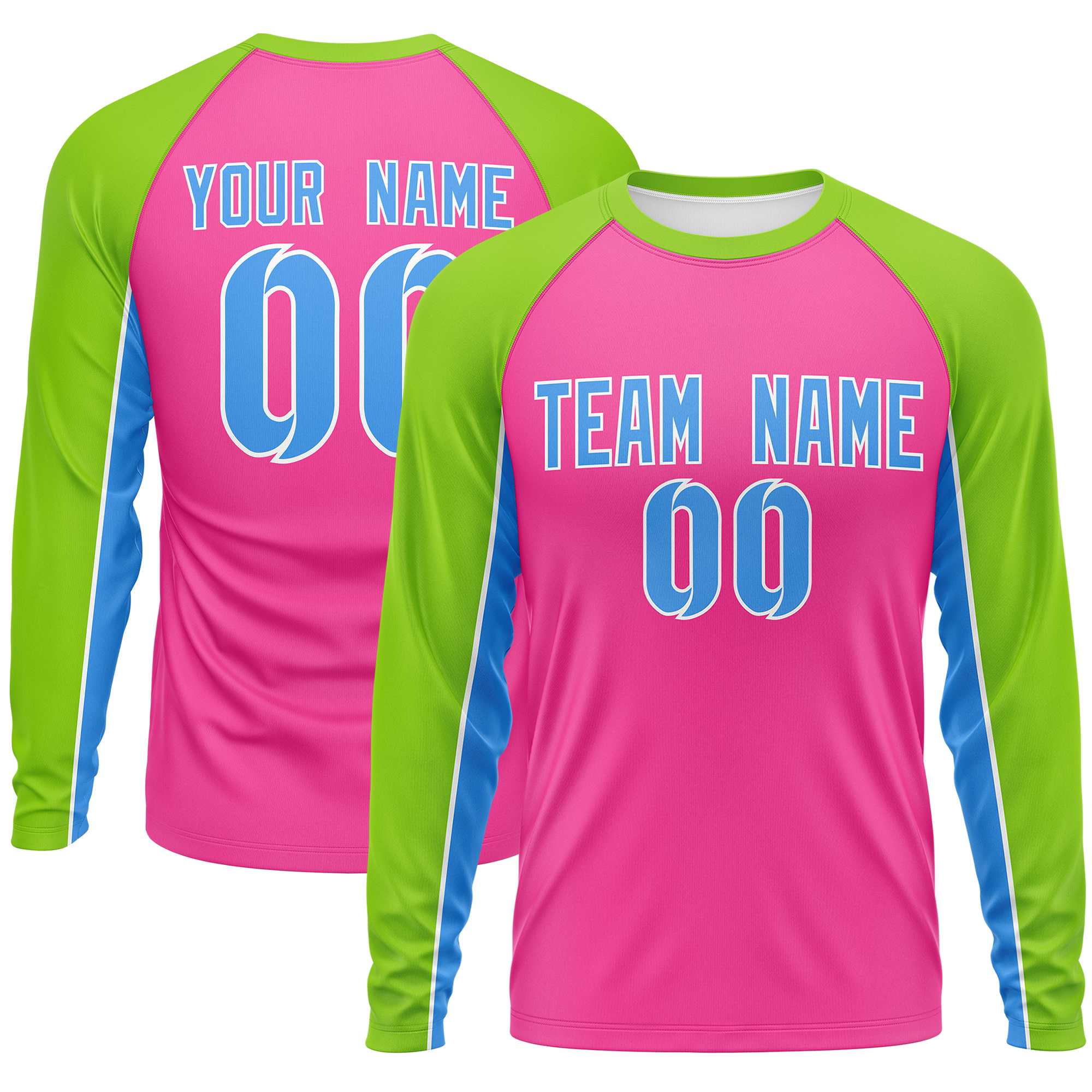 Custom Pink Neon Green Crew Neck Raglan Long Sleeve Performance T-Shirt