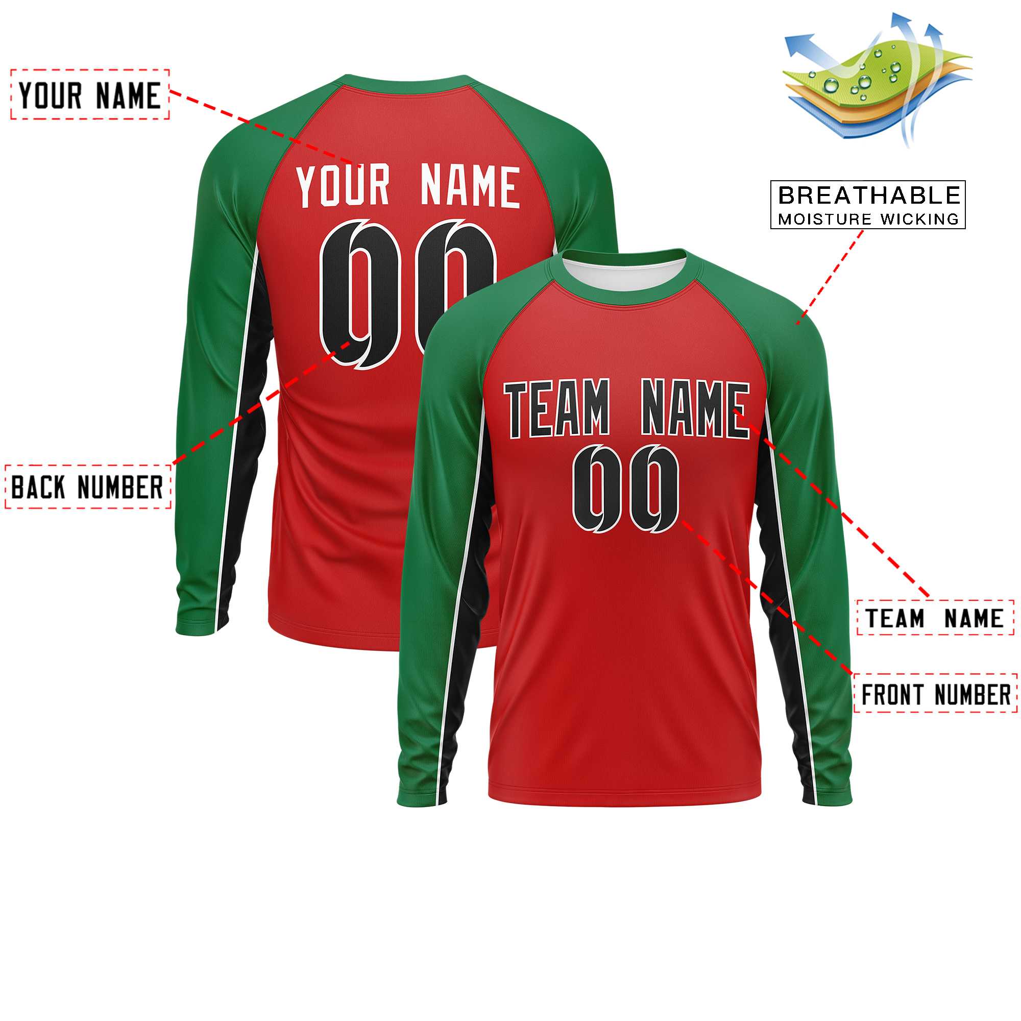 Custom Red Kelly Green Crew Neck Raglan Long Sleeve Performance T-Shirt