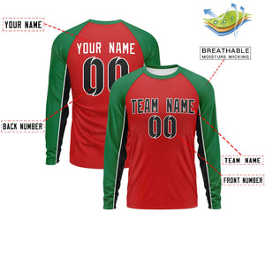 Custom Red Kelly Green Crew Neck Raglan Long Sleeve Performance T-Shirt