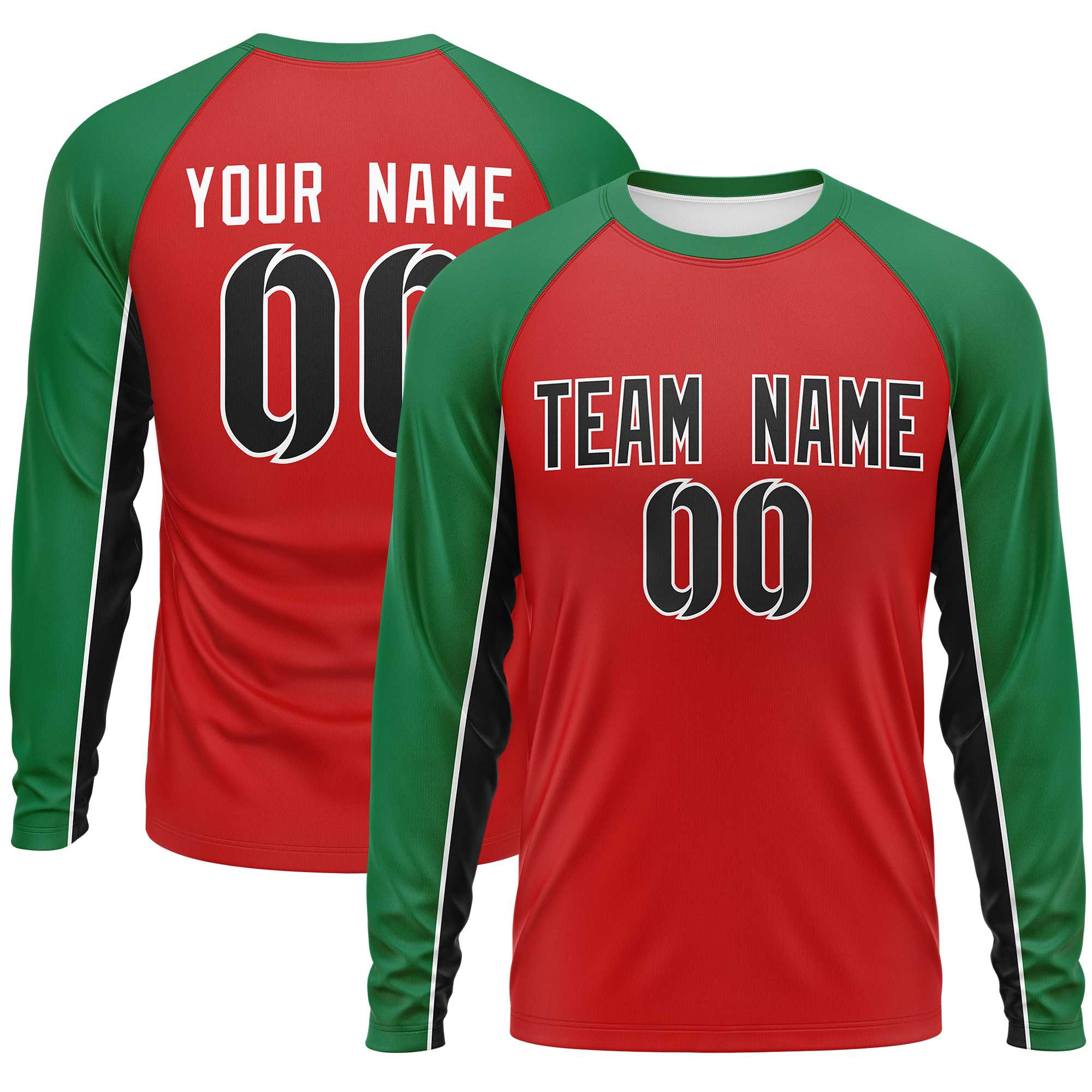 Custom Red Kelly Green Crew Neck Raglan Long Sleeve Performance T-Shirt