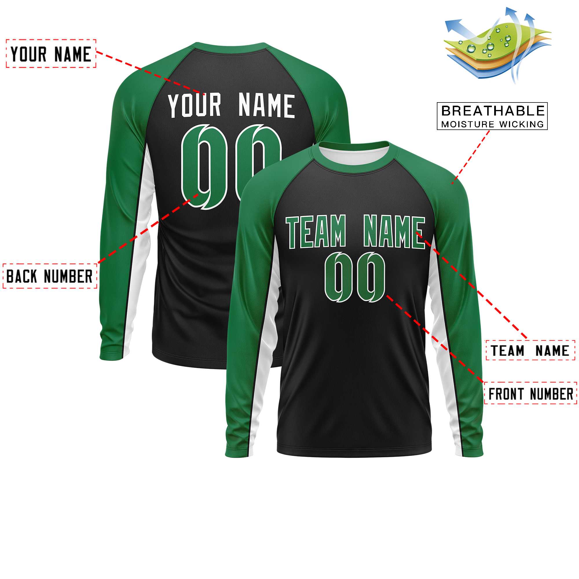 Custom Black Kelly Green Crew Neck Raglan Long Sleeve Performance T-Shirt