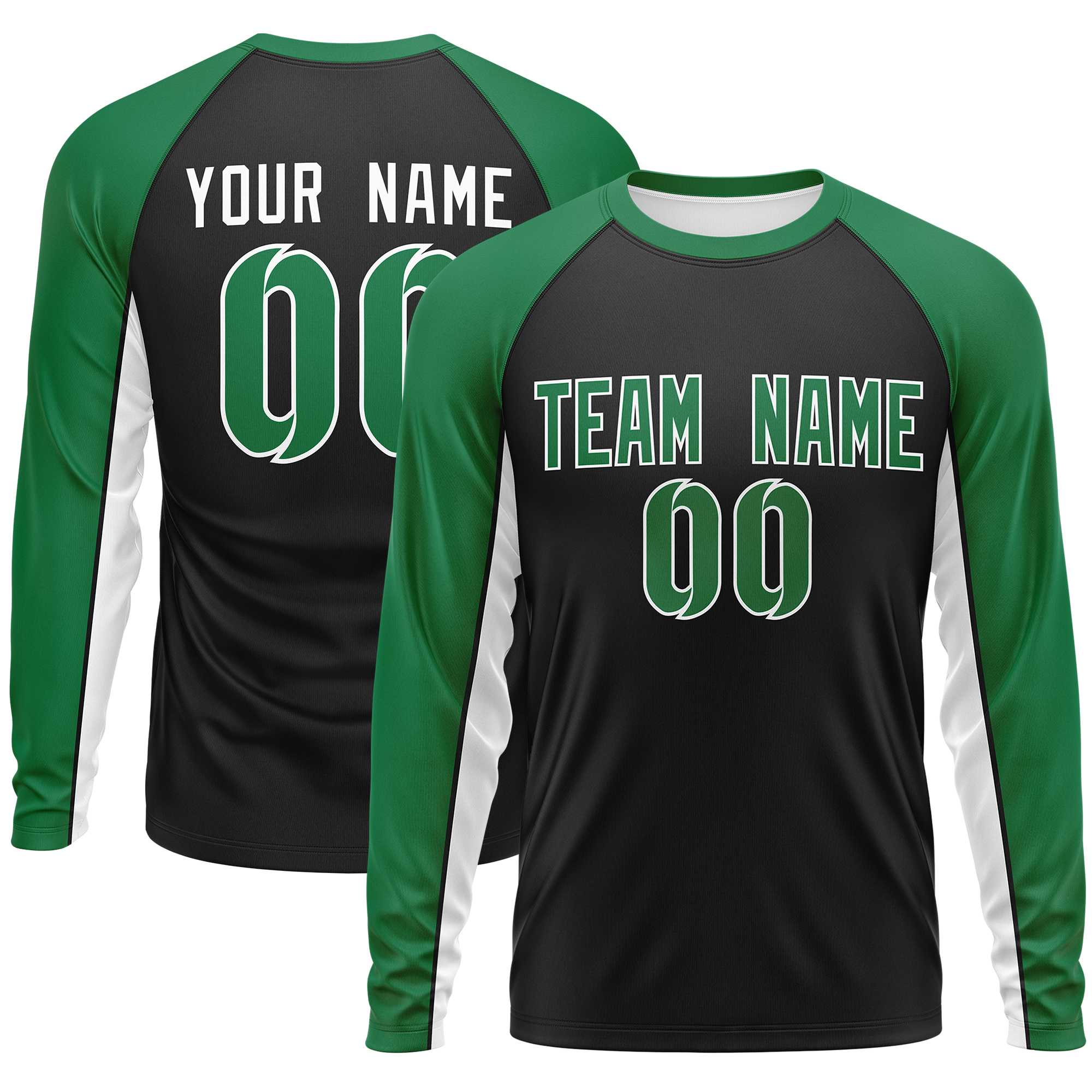 Custom Black Kelly Green Crew Neck Raglan Long Sleeve Performance T-Shirt