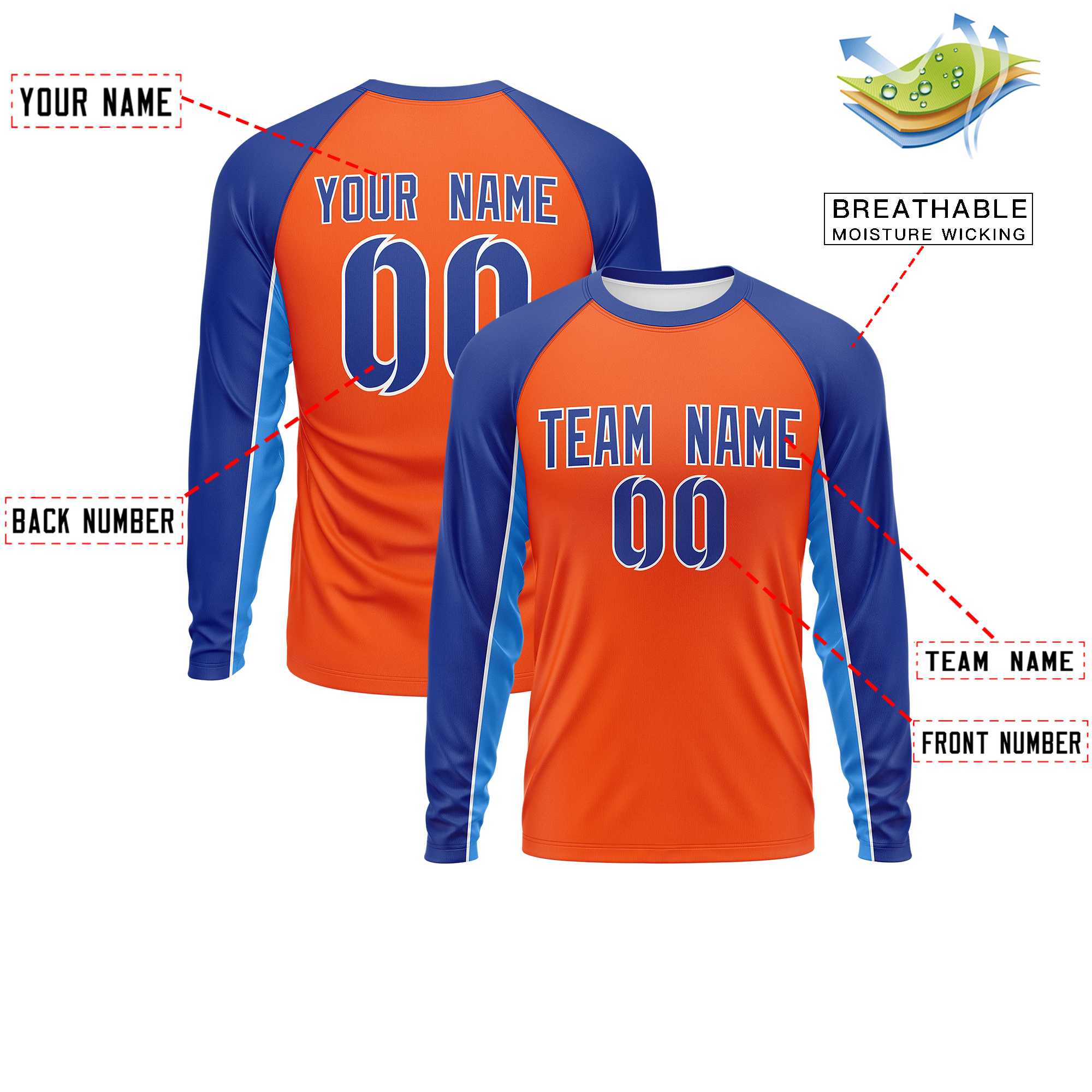 Custom Orange Royal Crew Neck Raglan Long Sleeve Performance T-Shirt