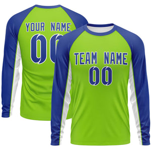 Custom Neon Green Royal Crew Neck Raglan Long Sleeve Performance T-Shirt