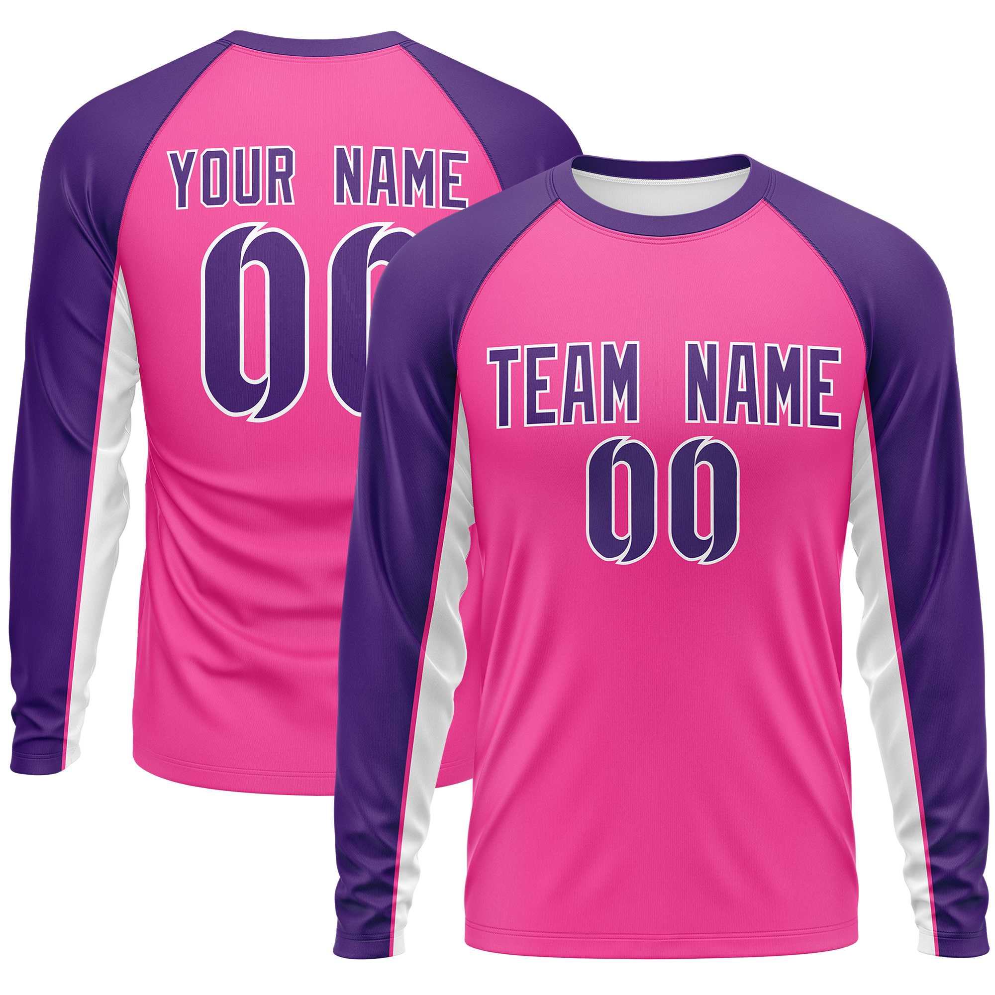 Custom Pink Purple Crew Neck Raglan Long Sleeve Performance T-Shirt