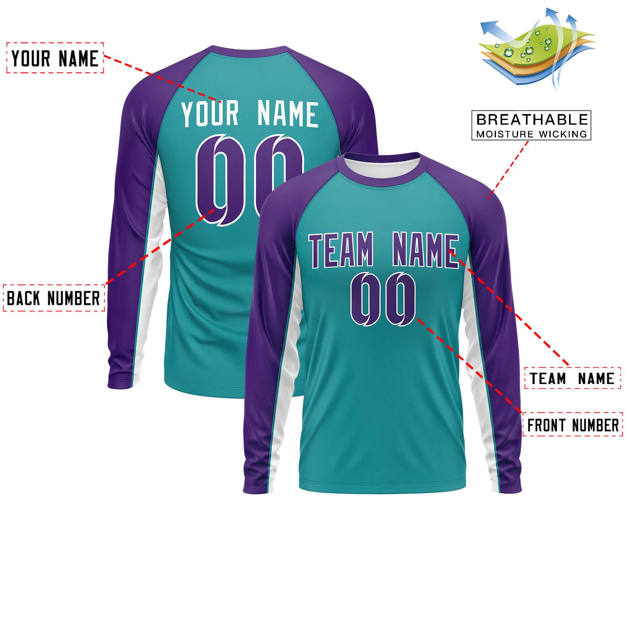 Custom Aqua Purple Crew Neck Raglan Long Sleeve Performance T-Shirt