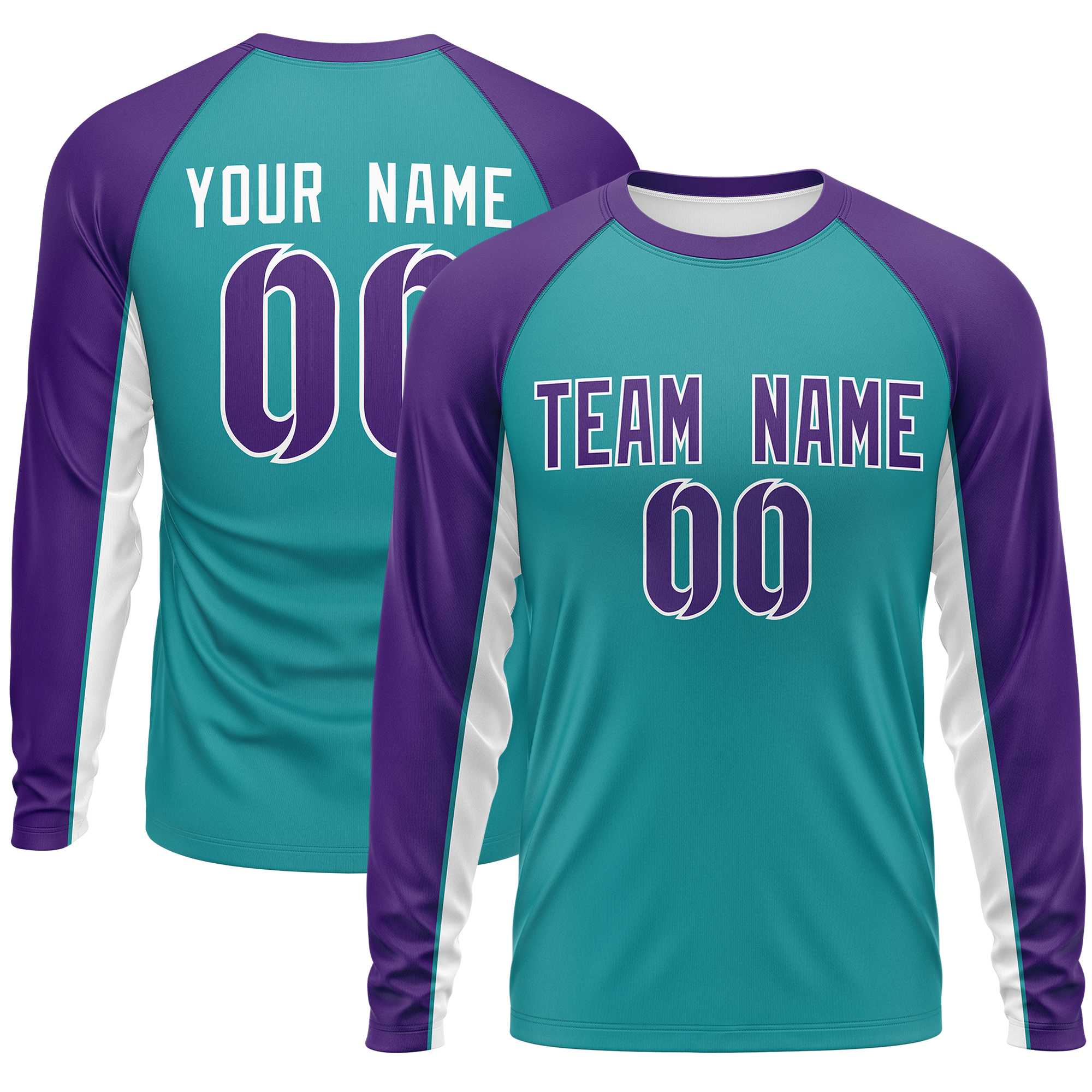 Custom Aqua Purple Crew Neck Raglan Long Sleeve Performance T-Shirt