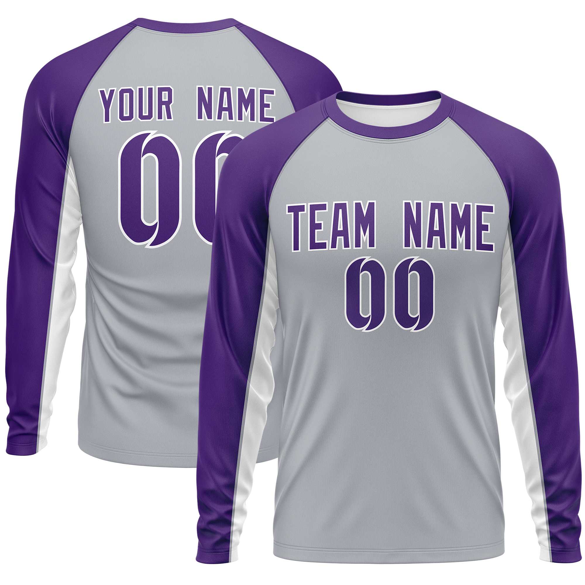 Custom Gray Purple Crew Neck Raglan Long Sleeve Performance T-Shirt