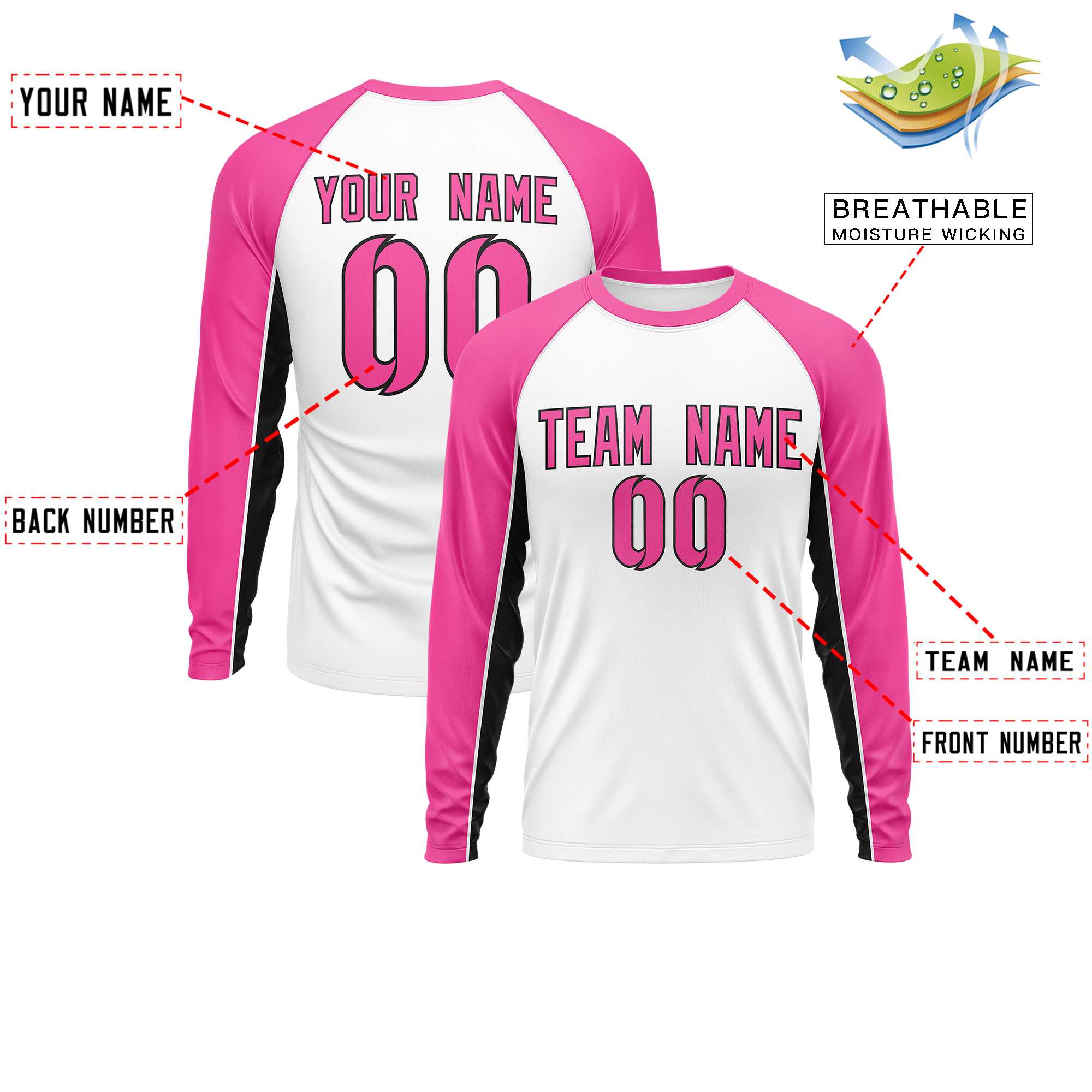 Custom White Pink Crew Neck Raglan Long Sleeve Performance T-Shirt