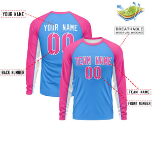 Custom Powder Blue Pink Crew Neck Raglan Long Sleeve Performance T-Shirt