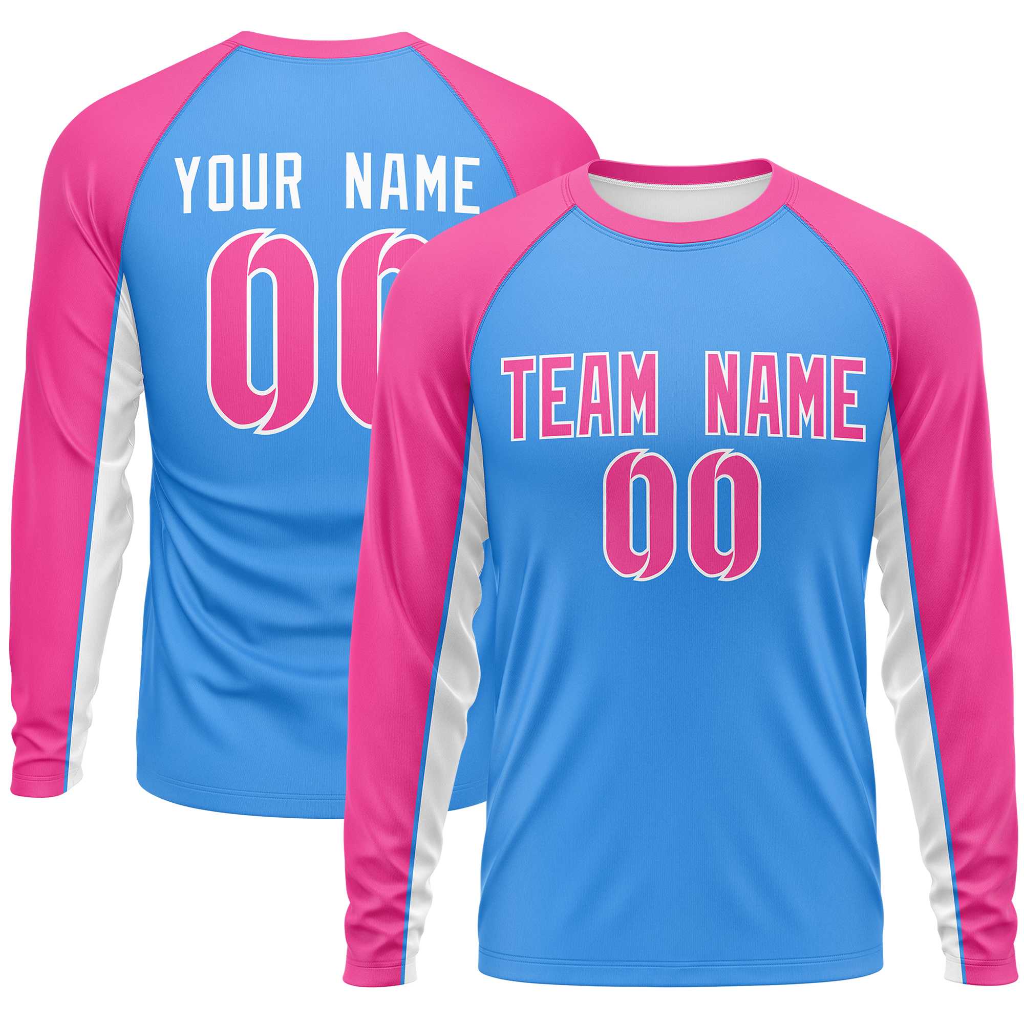 Custom Powder Blue Pink Crew Neck Raglan Long Sleeve Performance T-Shirt