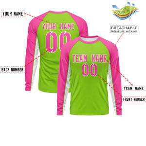 Custom Neon Green Pink Crew Neck Raglan Long Sleeve Performance T-Shirt