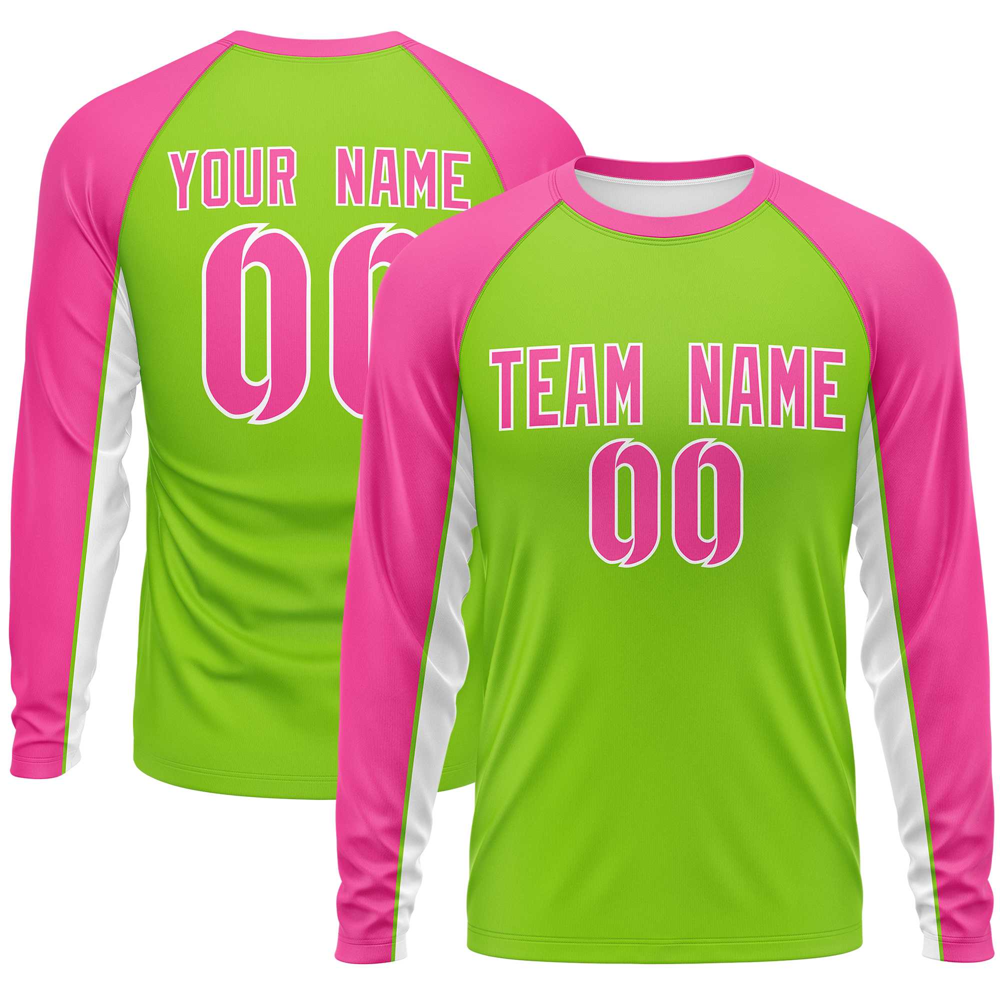 Custom Neon Green Pink Crew Neck Raglan Long Sleeve Performance T-Shirt