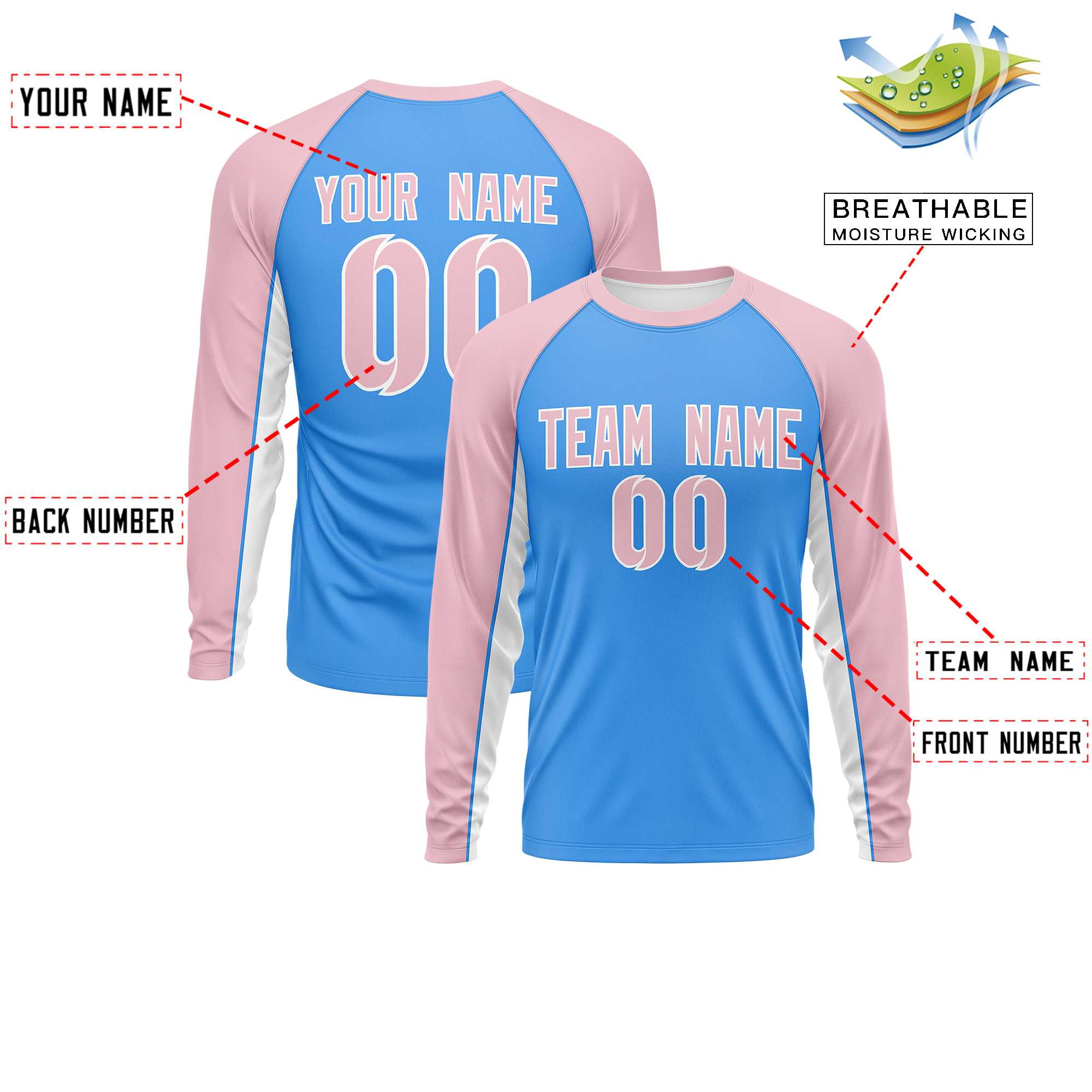 Custom Powder Blue Light Pink Crew Neck Raglan Long Sleeve Performance T-Shirt