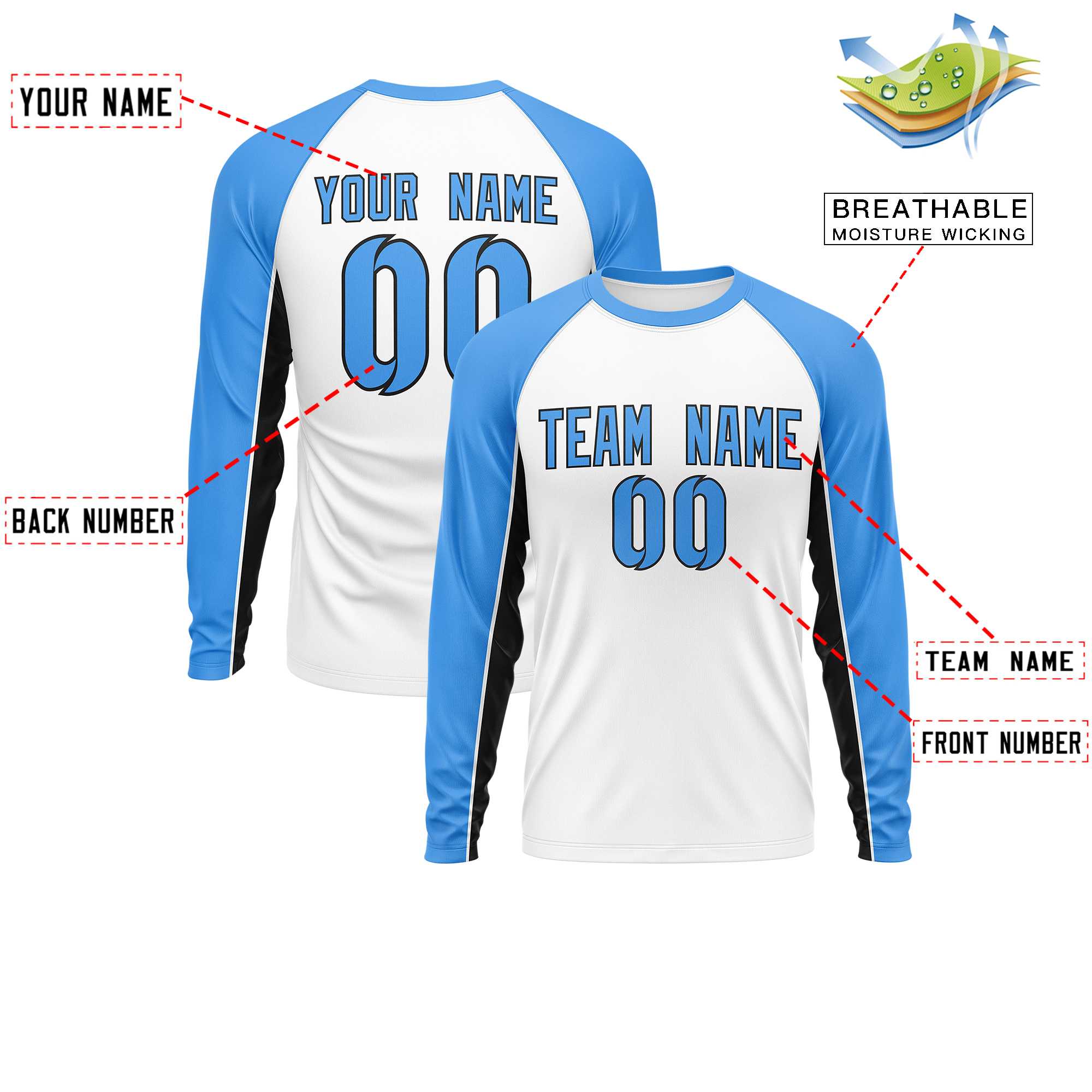 Custom White Powder Blue Crew Neck Raglan Long Sleeve Performance T-Shirt